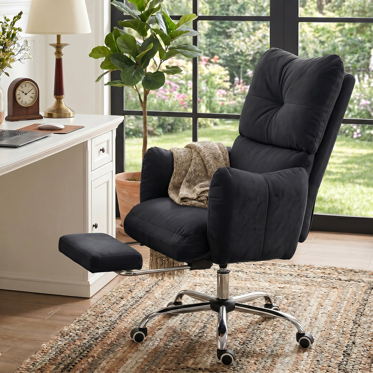 Office Chair with Foot Rest, Ergonomic Reclining Computer Gaming Chair with Snow Flannel Fabric, Thick Cushion, Padded Armrest, High Back and Adjustable Height, Black