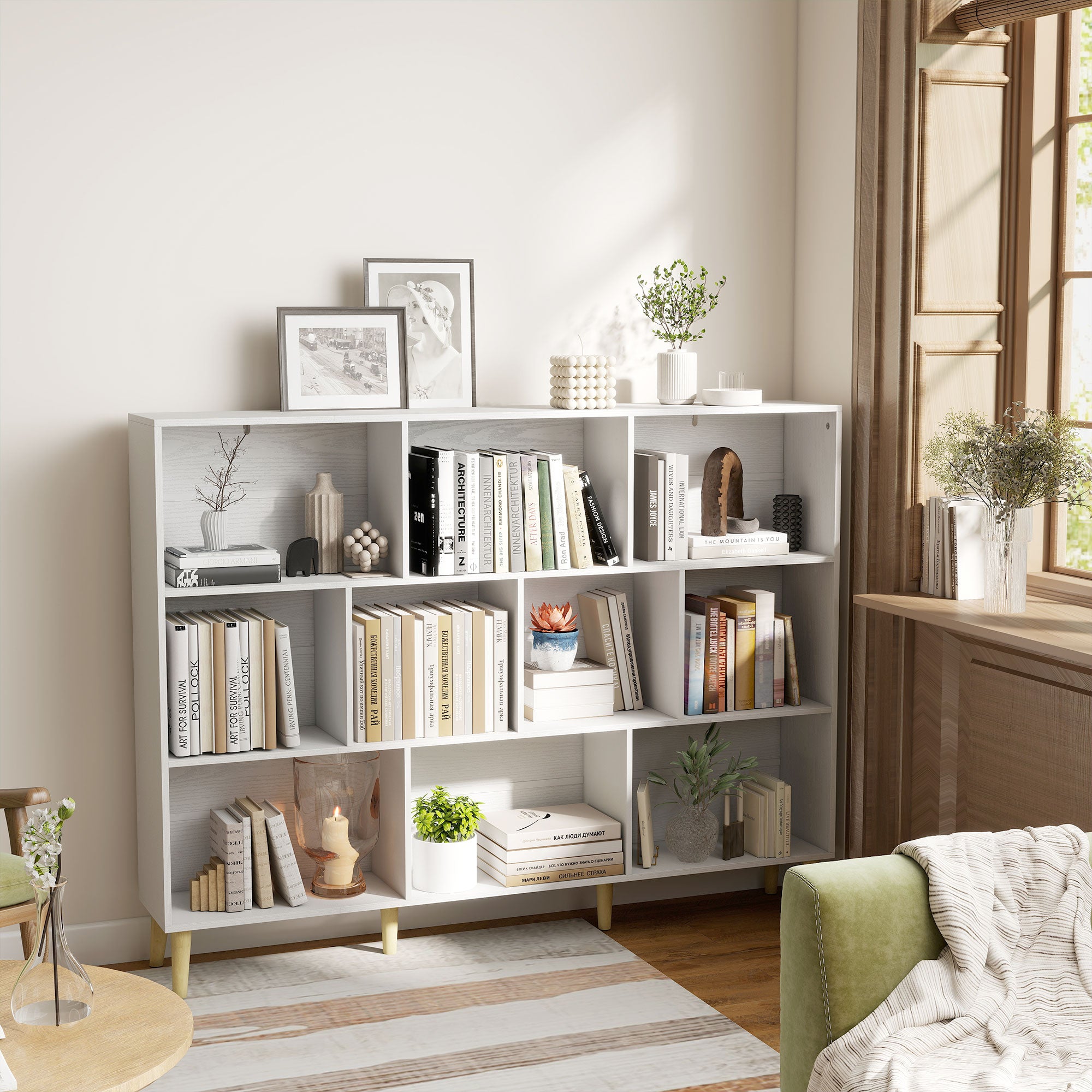 10-Cube Bookshelf, 3-Tier Bookcase with Solid Wood Legs, 140 cm Modern Freestanding Book Shelf with Anti-Tip Kit for Bedroom Living Room Study Office, White Wood Effect