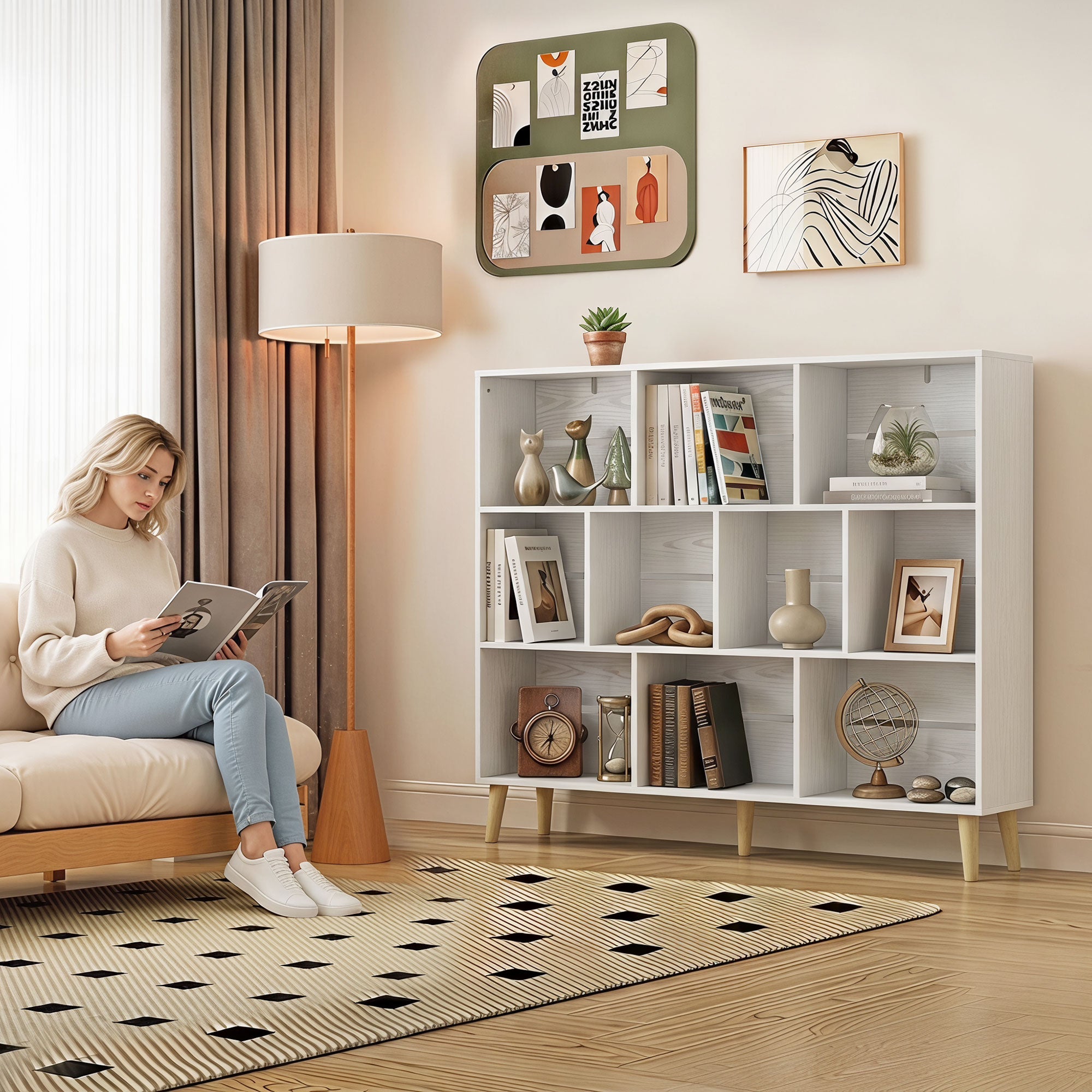 10-Cube Bookshelf, 3-Tier Bookcase with Solid Wood Legs, 140 cm Modern Freestanding Book Shelf with Anti-Tip Kit for Bedroom Living Room Study Office, White Wood Effect