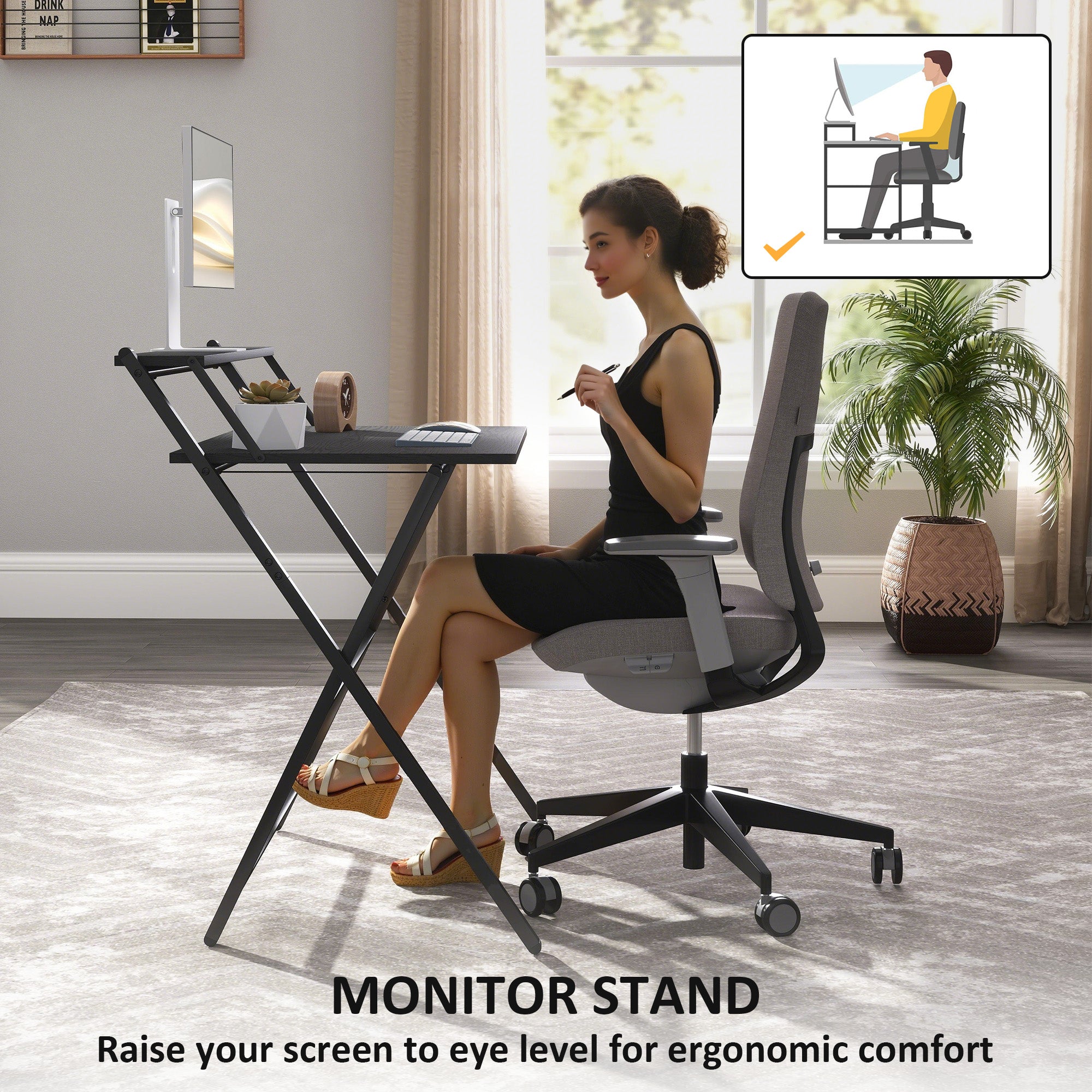 Folding Desk with Monitor Shelf, 81.5 cm Foldable Computer Desk for Small Spaces, Space Saving Writing Table Workstation for Home Office, Study, Easy Assembly, Black