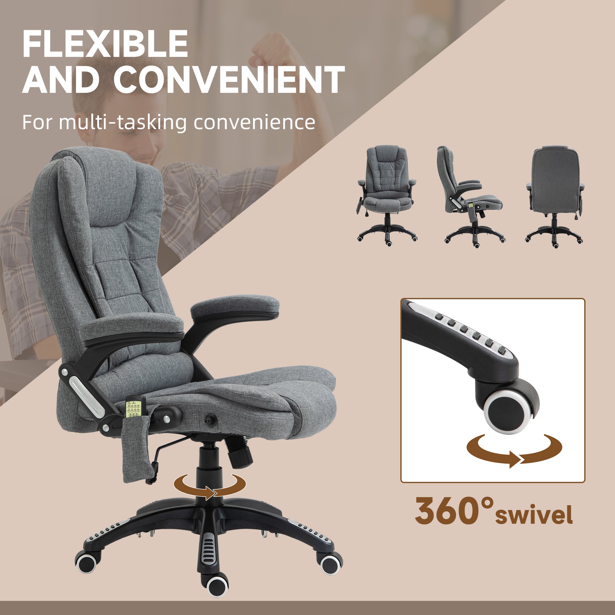 Vinsetto Office Chair, Ergonomic Desk Chair with 6-Point Massage and Back Heated, Linen-Feel Fabric Computer Gaming Chair with Arms, Lumbar Support, Grey
