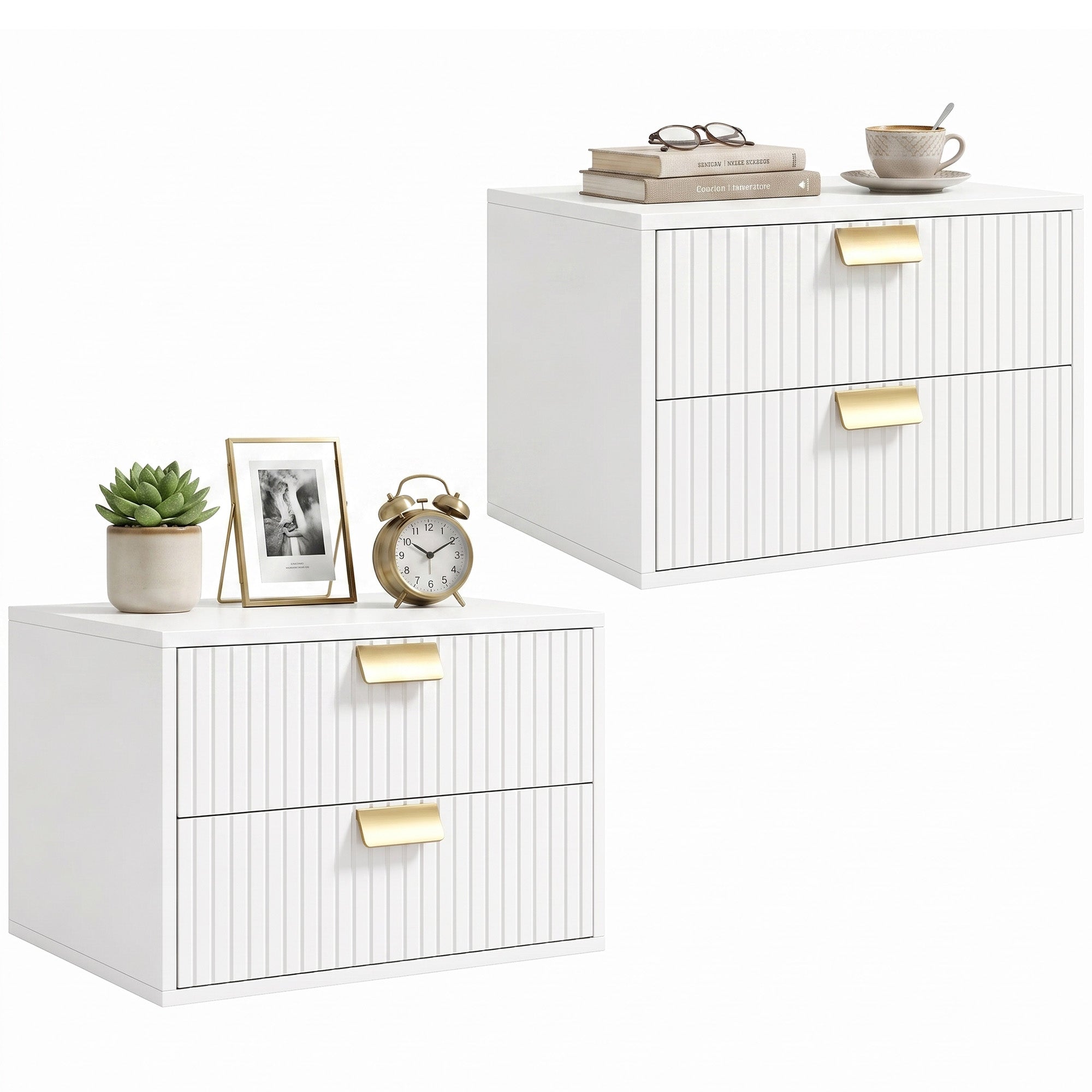 Modern Floating Nightstands Set of 2, Wall Mounted Bedside Tables with 2 Wave Drawers, Bedside Cabinets for Bedroom Living Room, White
