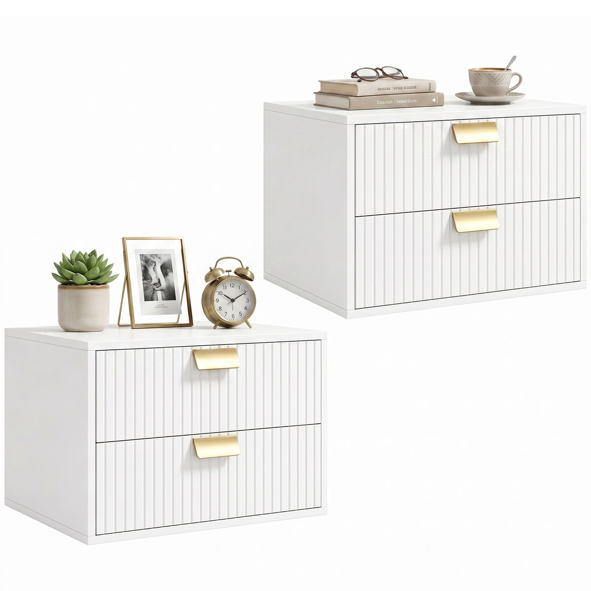 Modern Floating Nightstands Set of 2, Wall Mounted Narrow Bedside Tables with 2 Wave Drawers, Side End Tables for Bedroom or Living Room, White