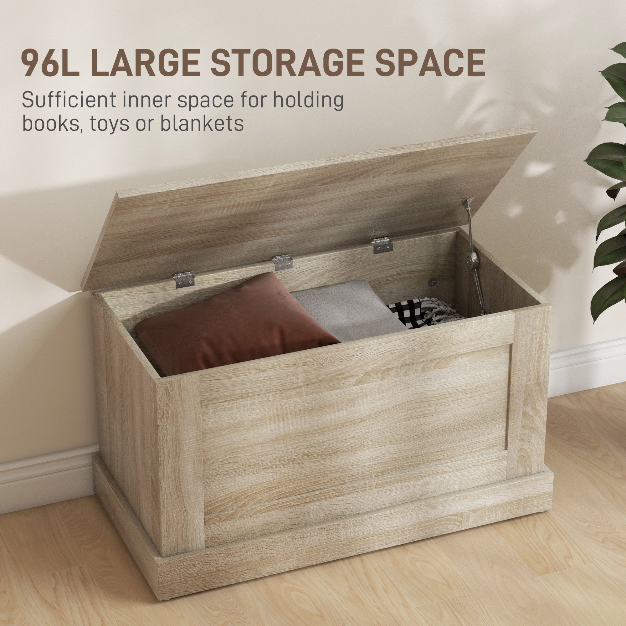 HOMCOM Storage Chest, Storage Trunk with Safety Hinge, Wooden Box for Living Room, Entryway, 31.5" x 15.7" x 17.7", Natural Wood Grain