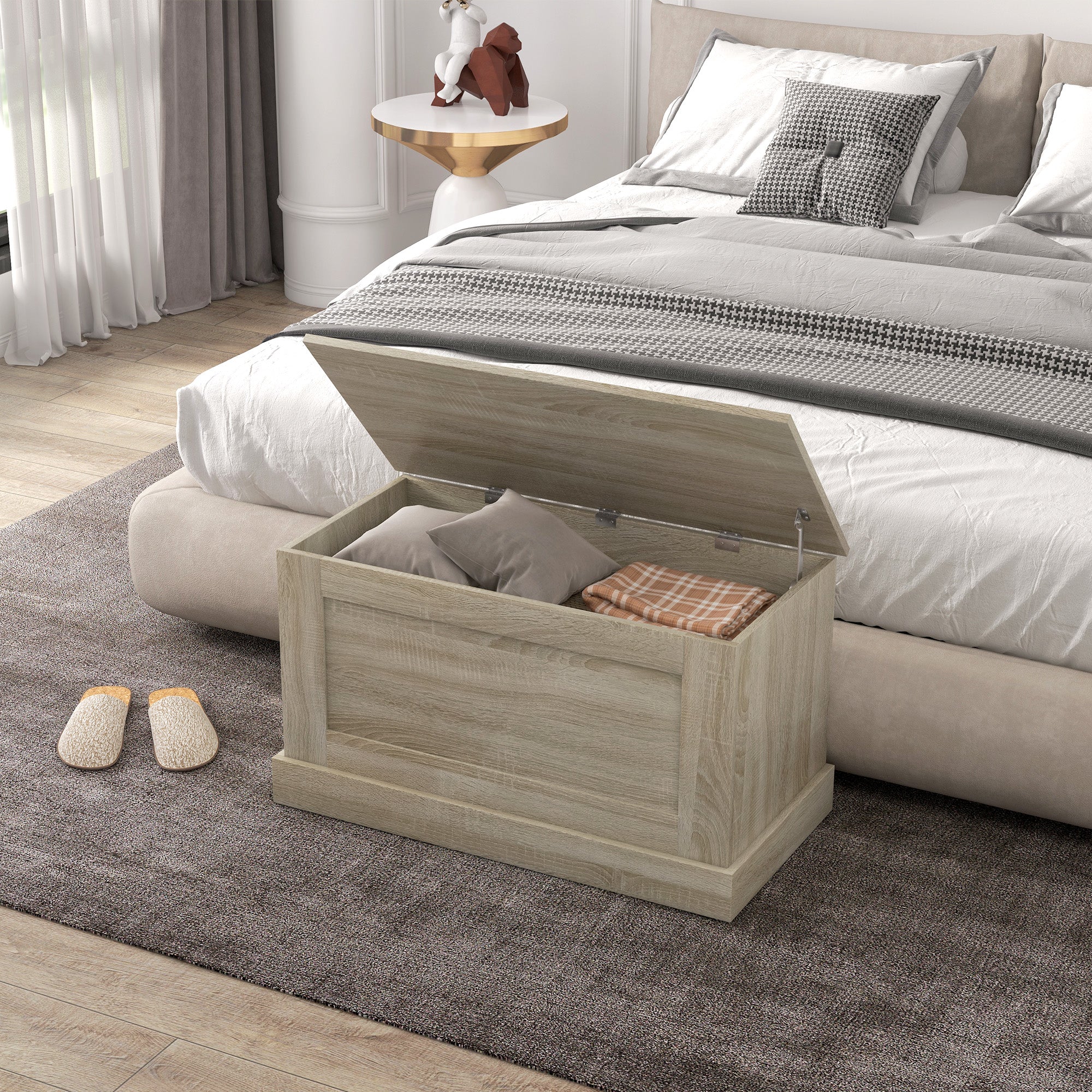 HOMCOM Storage Chest, Storage Trunk with Safety Hinge, Wooden Box for Living Room, Entryway, 31.5" x 15.7" x 17.7", Natural Wood Grain