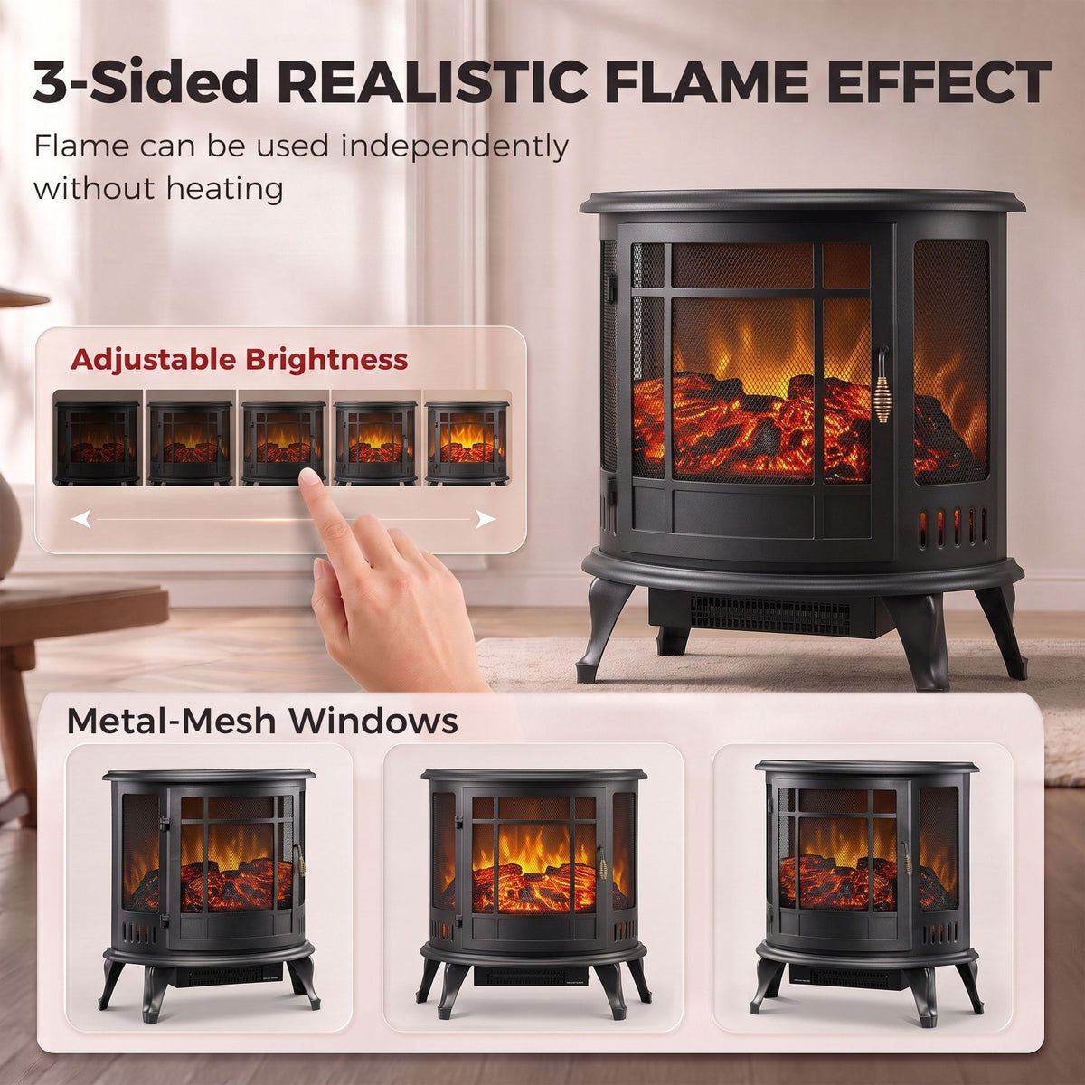 3-Sided Electric Fireplace Stove, 2000W Freestanding Log Burner, Portable Electric Fire Fan Heater with LED Flame Effect, Adjustable Thermostat, Overheat Protection, Black