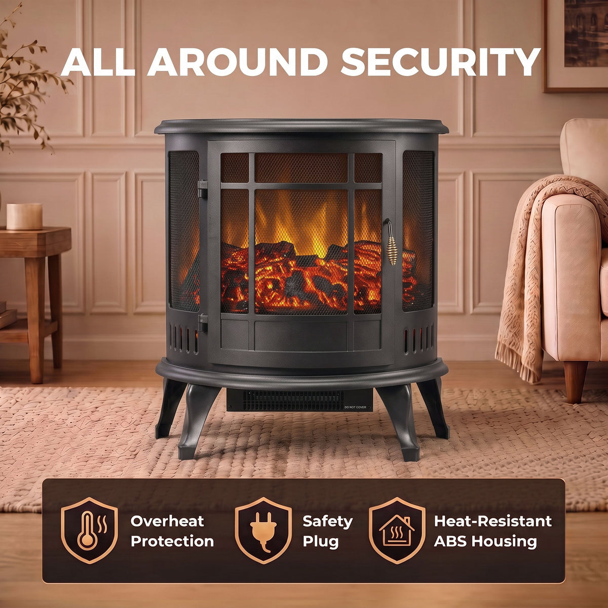 3-Sided Electric Fireplace Stove, 2000W Freestanding Log Burner, Portable Electric Fire Fan Heater with LED Flame Effect, Adjustable Thermostat, Overheat Protection, Black