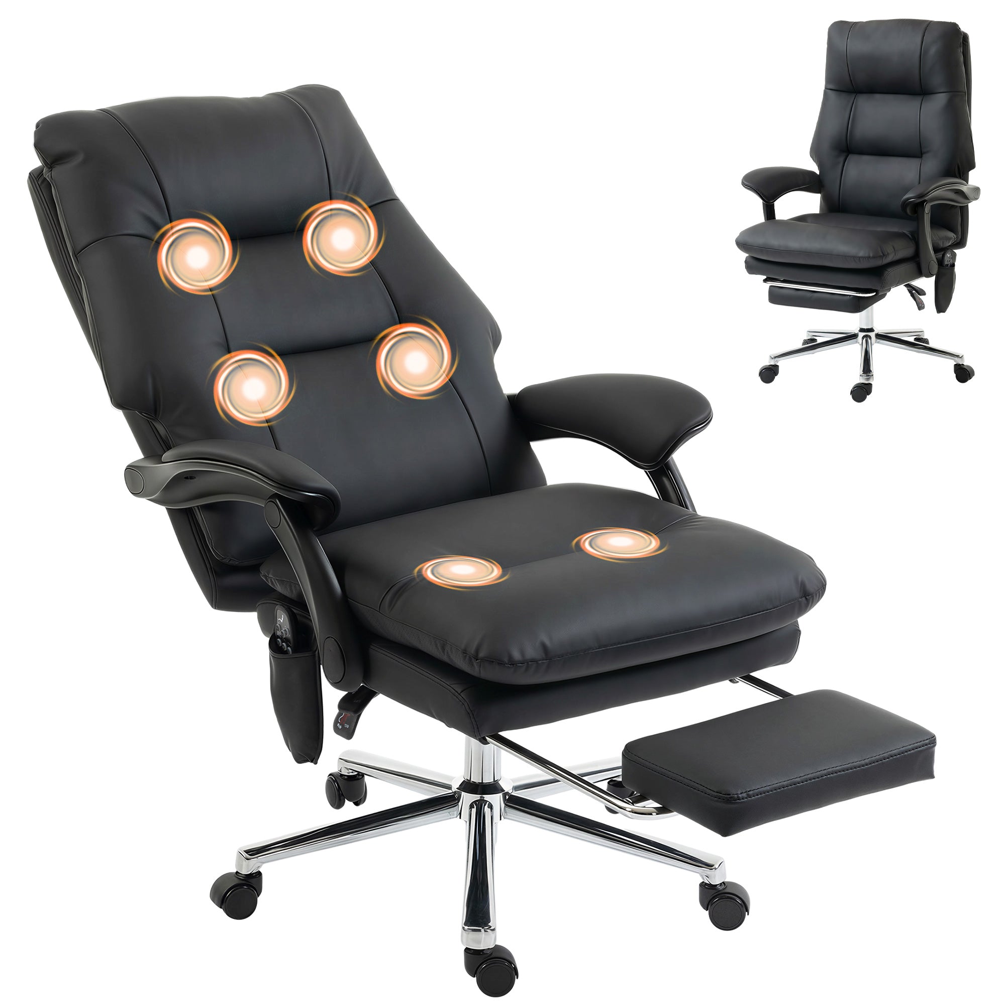 Massage Office Chair with 6-Point Vibration, Pet-Friendly Faux Leather Ergonomic Executive Desk Chair with Double-Layer Spring Cushions, Wide Seat, High Back, Reclining, Footrest, Black