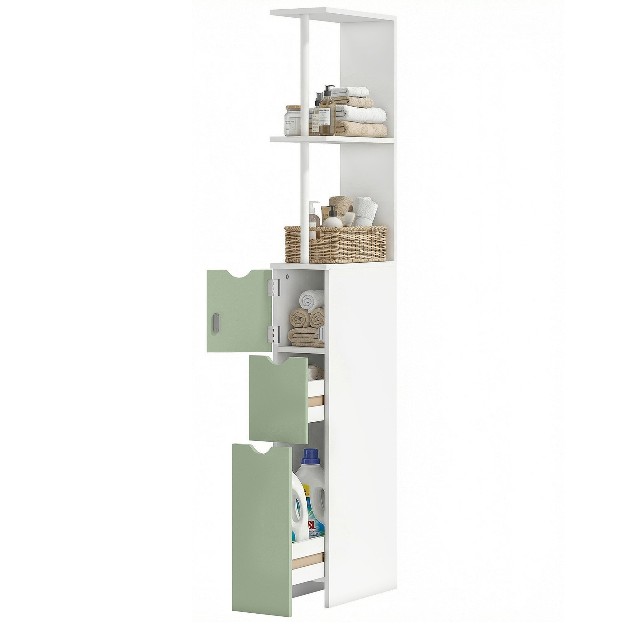 Tall Bathroom Cabinet, Freestanding Slim Bathroom Storage Cabinet with 2-Tier Open Shelf and 2 Drawers for Small Space, Narrow Cupboard Storage Unit, White and Light Green