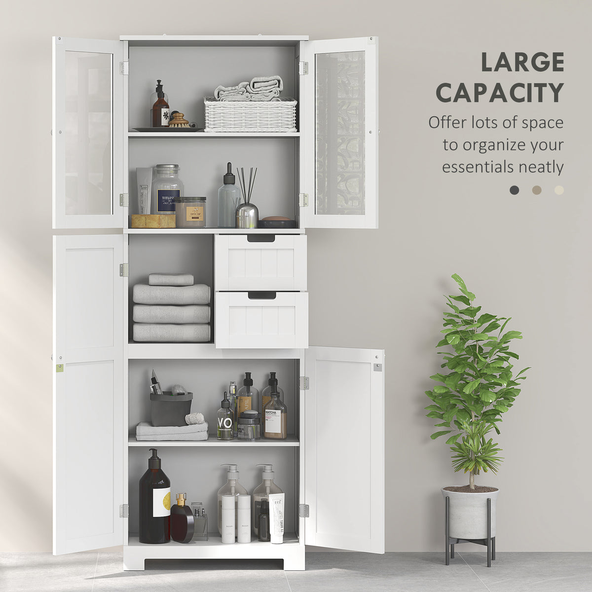 Tall Bathroom Cabinet, Modern Floor Bathroom Storage Cabinet with Glass Doors, Adjustable Shelves, Drawers, Freestanding Linen Tower, White