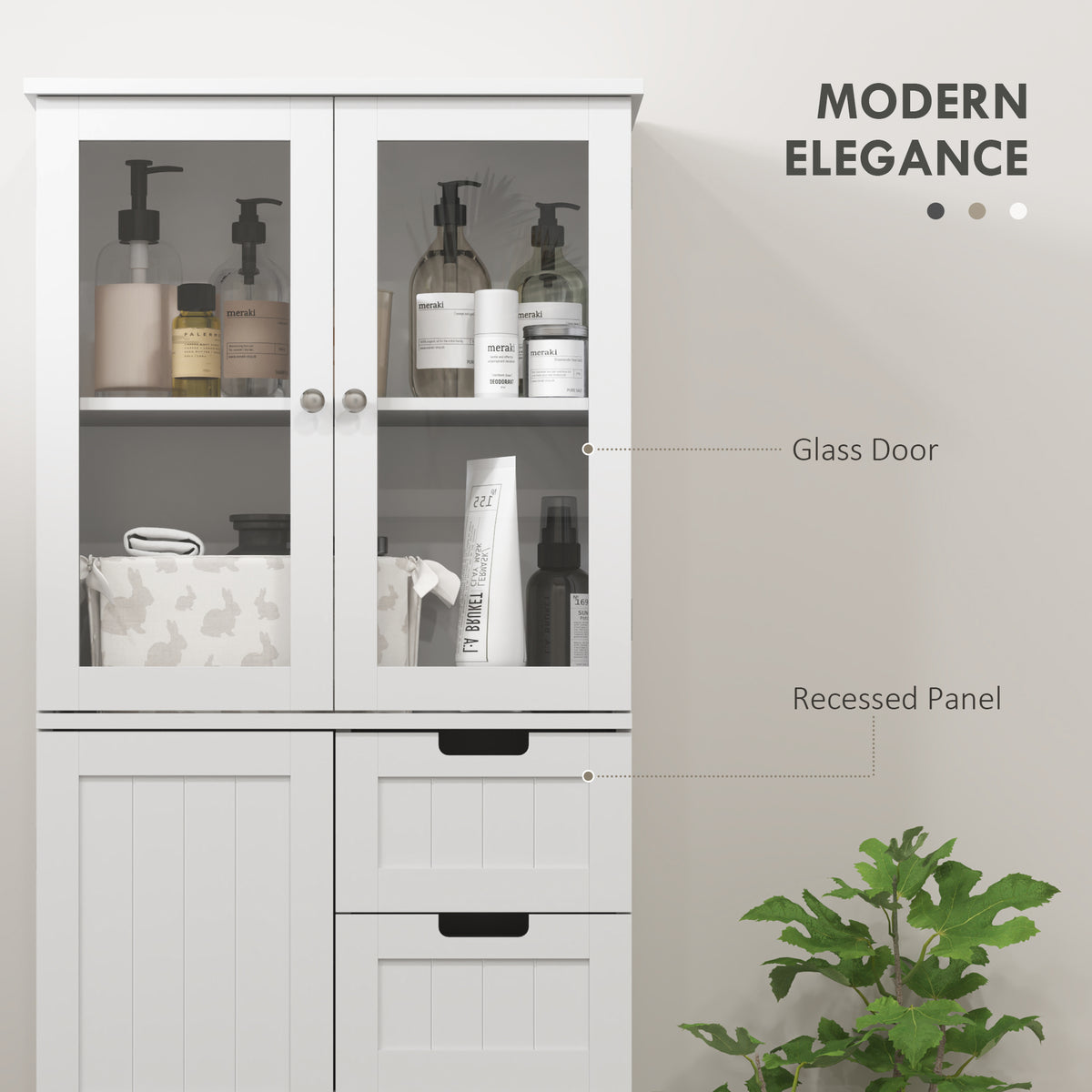 Tall Bathroom Cabinet, Modern Floor Bathroom Storage Cabinet with Glass Doors, Adjustable Shelves, Drawers, Freestanding Linen Tower, White