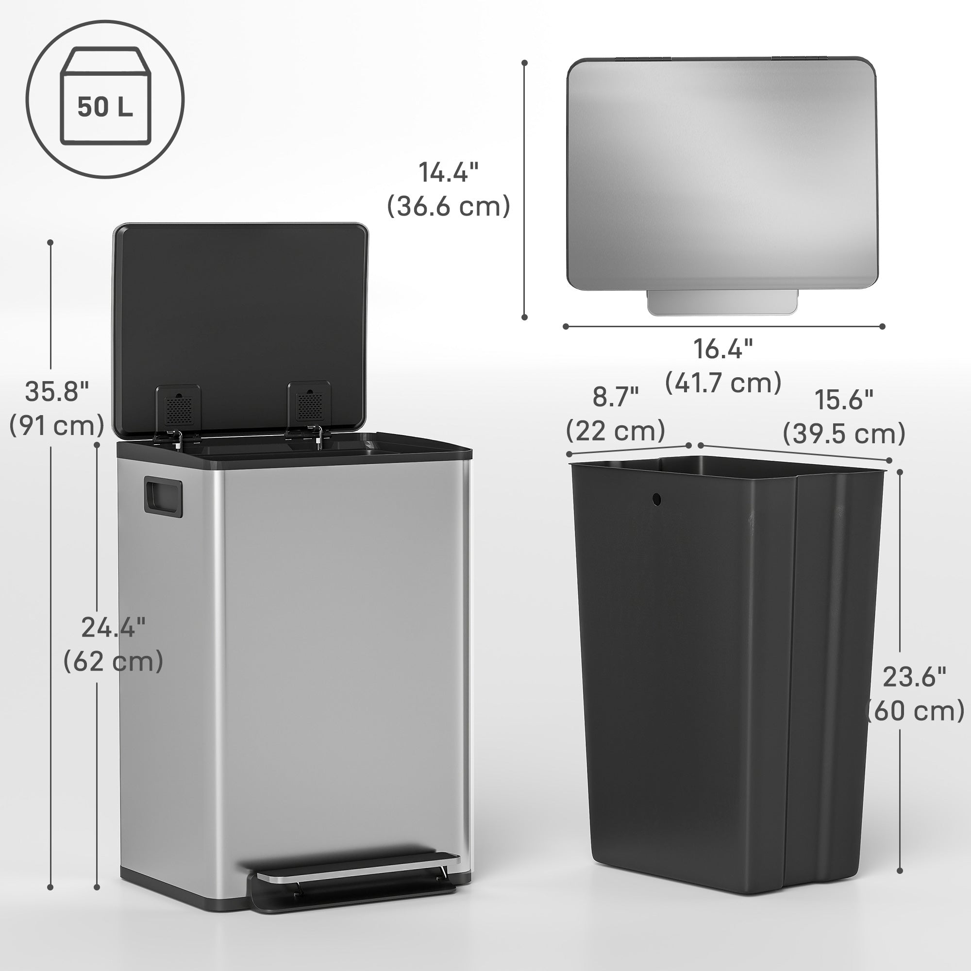 13.2 Gallon/50 L Garbage Can, Fingerprint-proof Stainless Steel Kitchen Trash Can with Soft-close Lid, Removable Inner Bucket, Odour Filter, Garbage Bin for Home, Silver