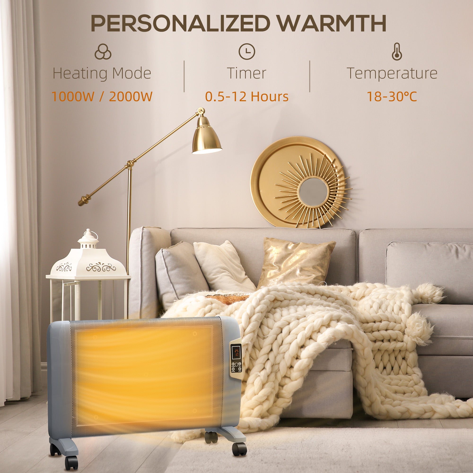 HOMCOM Mica Electric Space Heater, Portable Heater for Home with 2 Heat Settings, Living Room, Study, Garage, Adjustable Temperature 18-30°C, 1000W/2000W, Grey