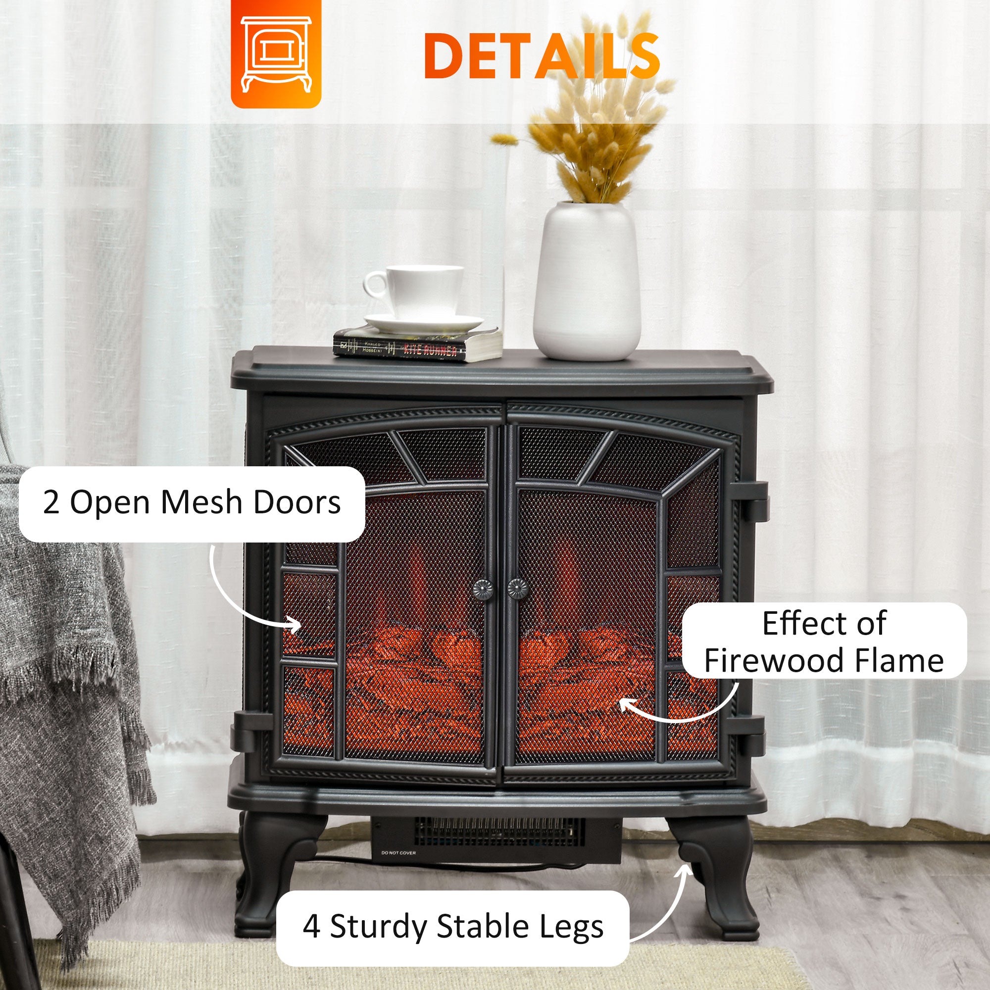 Electric Fireplace Heater, Freestanding Fireplace Stove with Realistic Flame Effect, Timer, Remote, 750W/1500W, Black
