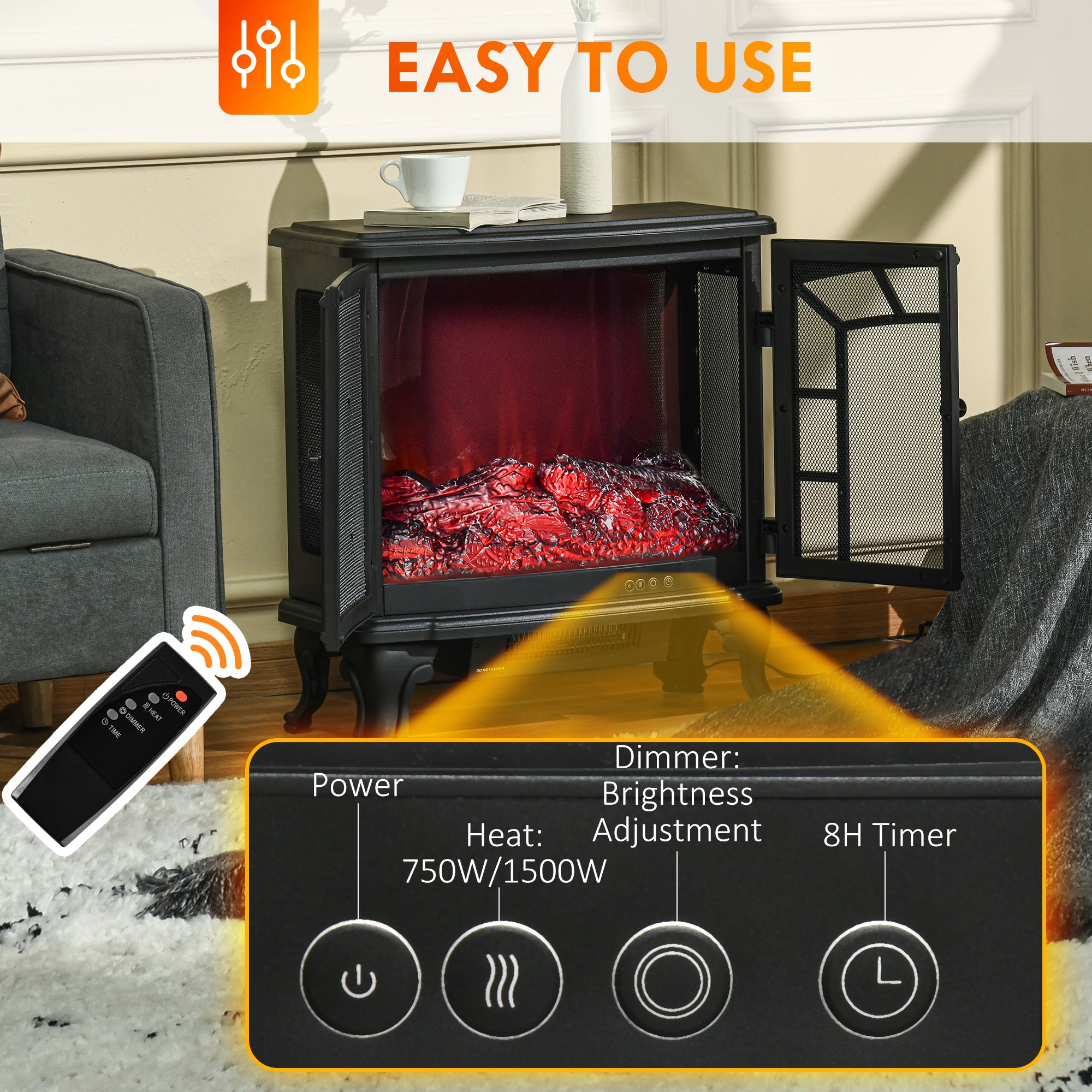 Electric Fireplace Heater, Freestanding Fireplace Stove with Realistic Flame Effect, Timer, Remote, 750W/1500W, Black