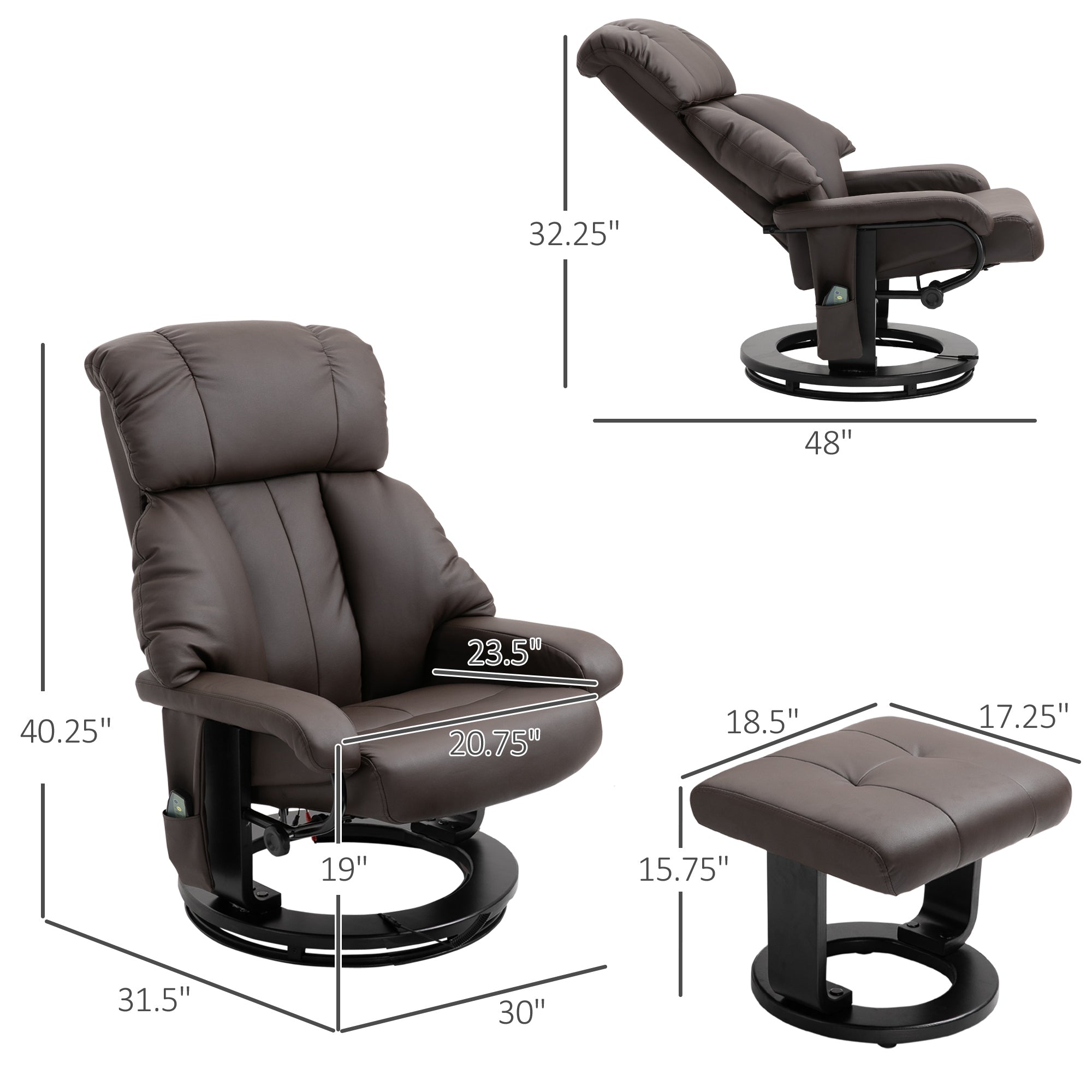 Massage Recliner Chair with Ottoman, 360° Swivel Recliner and Footstool, 10-Point Vibration, PU Leather Reclining Chair with Remote Control, Brown