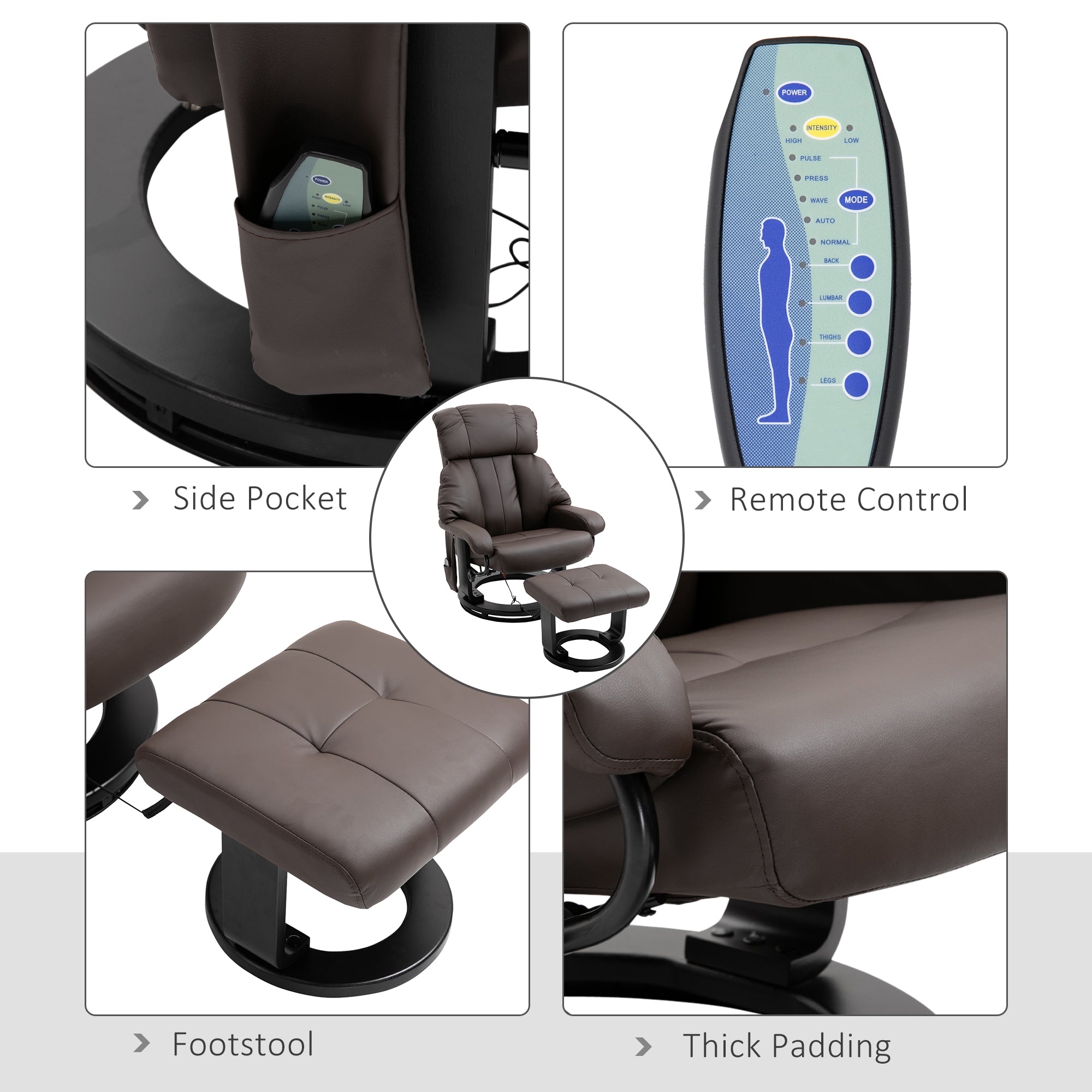 Massage Recliner Chair with Ottoman, 360° Swivel Recliner and Footstool, 10-Point Vibration, PU Leather Reclining Chair with Remote Control, Brown