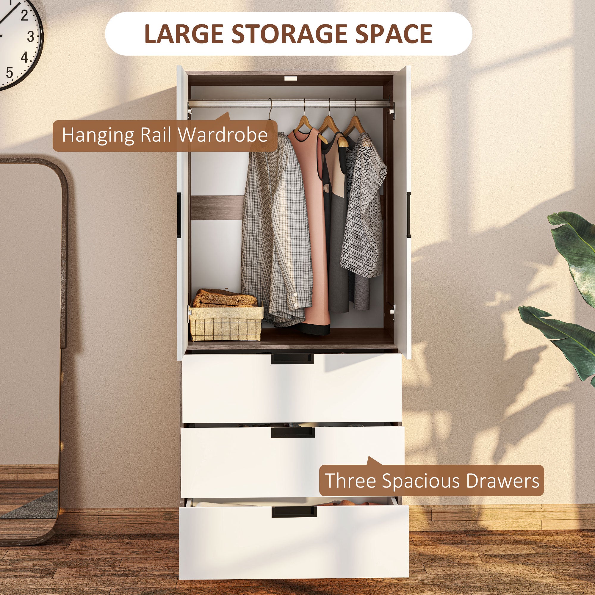 HOMCOM 3 Drawer 2 Door Wardrobe, Modern Clothes Storage Cupboard Unit with Hanging Rod, Bedroom Wardrobe with Soft Closing Hinge, 50D x 80W x 180Hcm, Brown