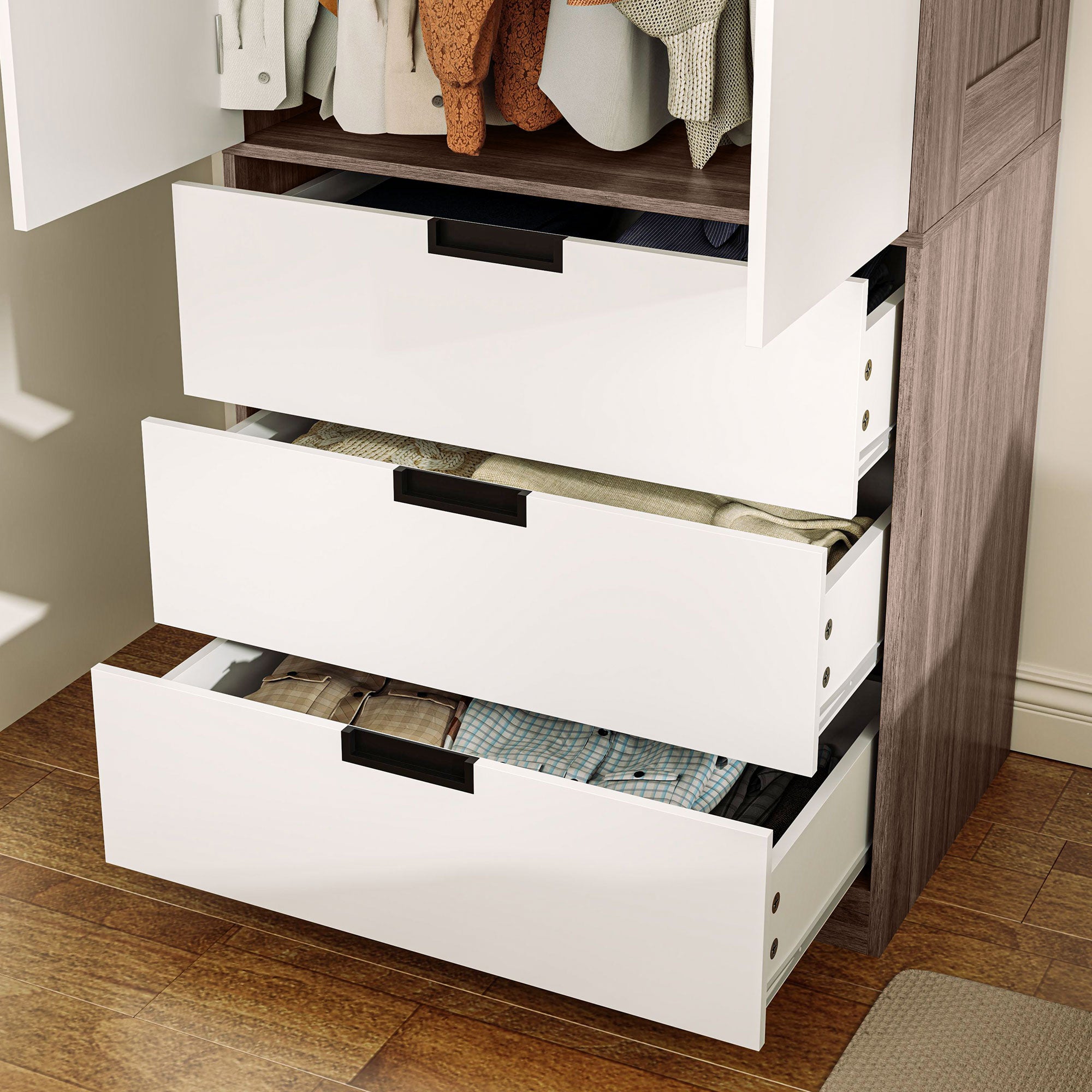 HOMCOM 3 Drawer 2 Door Wardrobe, Modern Clothes Storage Cupboard Unit with Hanging Rod, Bedroom Wardrobe with Soft Closing Hinge, 50D x 80W x 180Hcm, Brown
