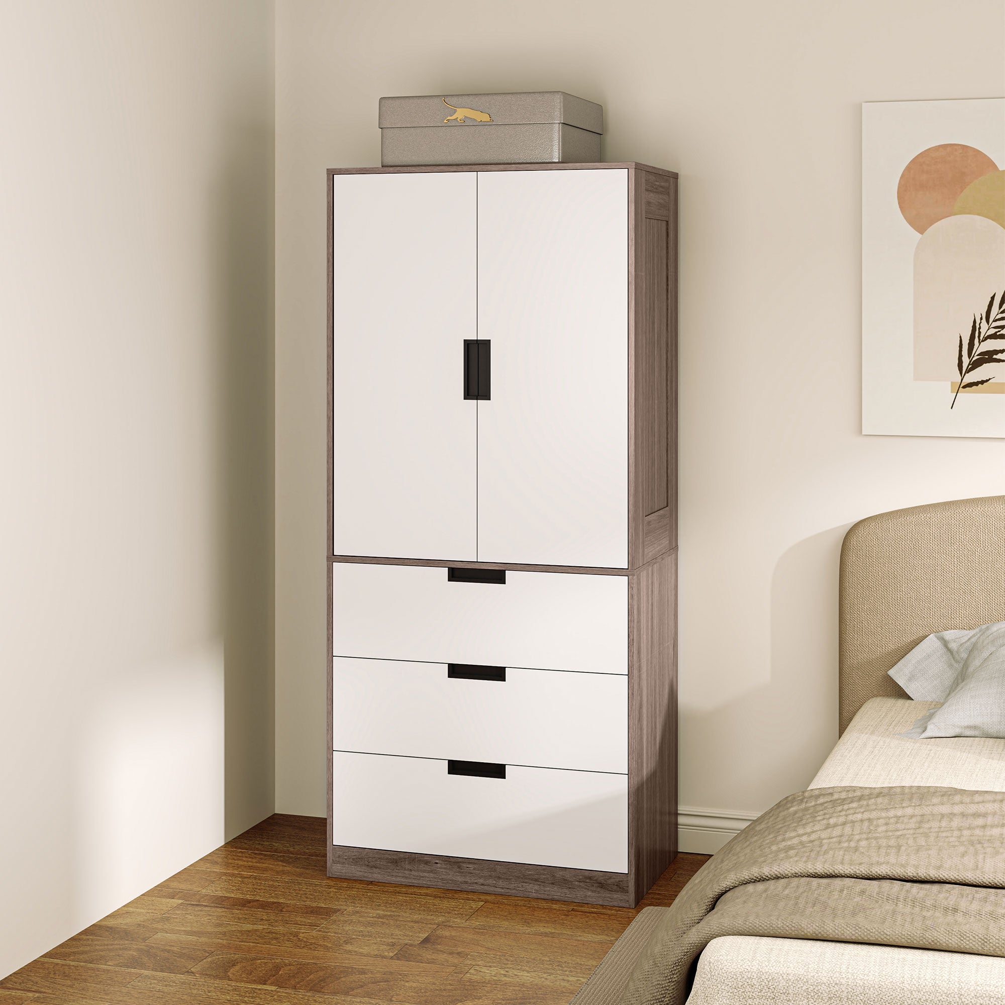 HOMCOM 3 Drawer 2 Door Wardrobe, Modern Clothes Storage Cupboard Unit with Hanging Rod, Bedroom Wardrobe with Soft Closing Hinge, 50D x 80W x 180Hcm, Brown