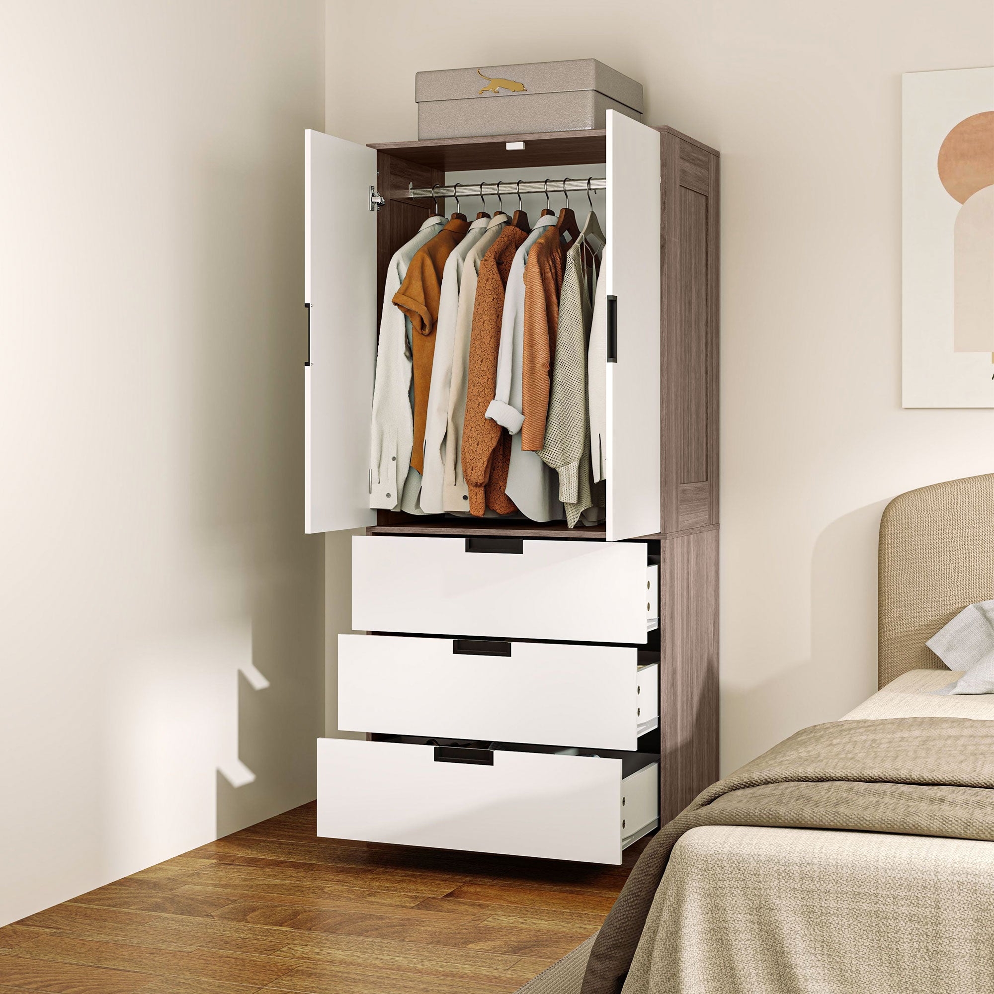 HOMCOM 3 Drawer 2 Door Wardrobe, Modern Clothes Storage Cupboard Unit with Hanging Rod, Bedroom Wardrobe with Soft Closing Hinge, 50D x 80W x 180Hcm, Brown