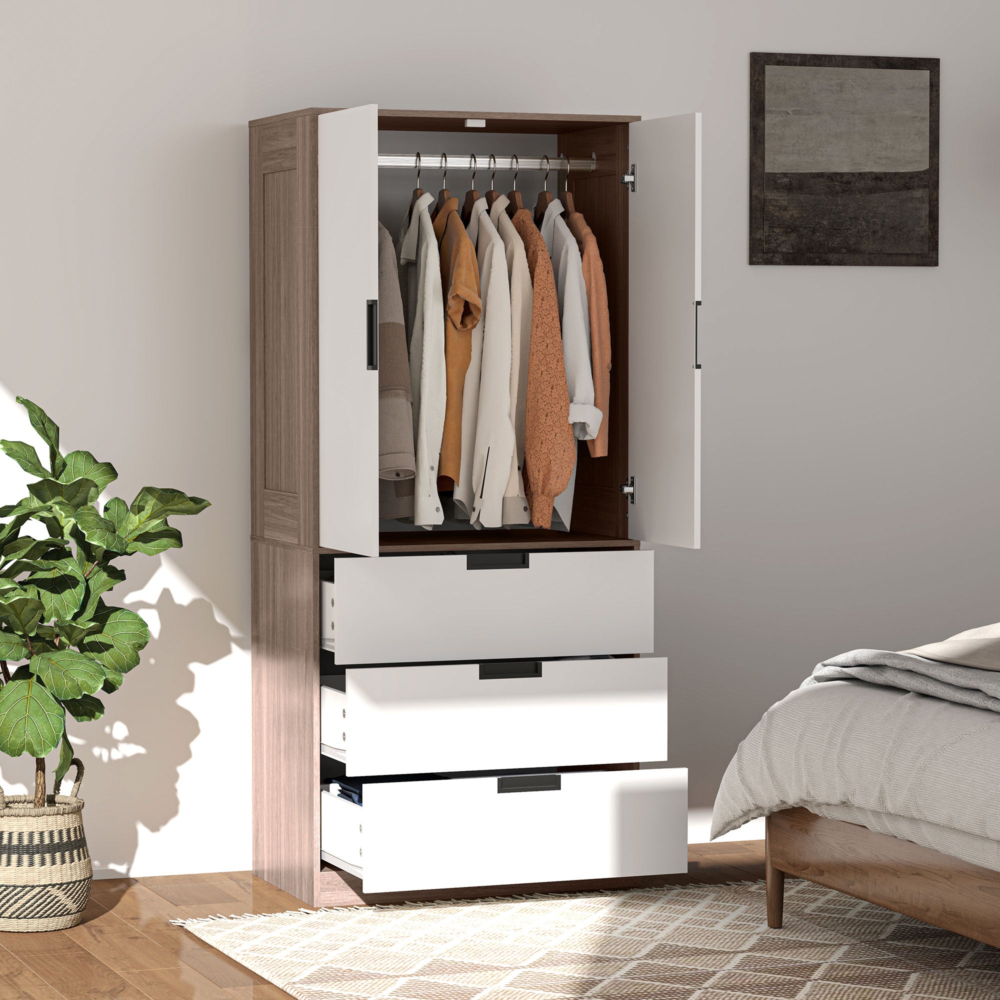 HOMCOM 3 Drawer 2 Door Wardrobe, Modern Clothes Storage Cupboard Unit with Hanging Rod, Bedroom Wardrobe with Soft Closing Hinge, 50D x 80W x 180Hcm, Brown