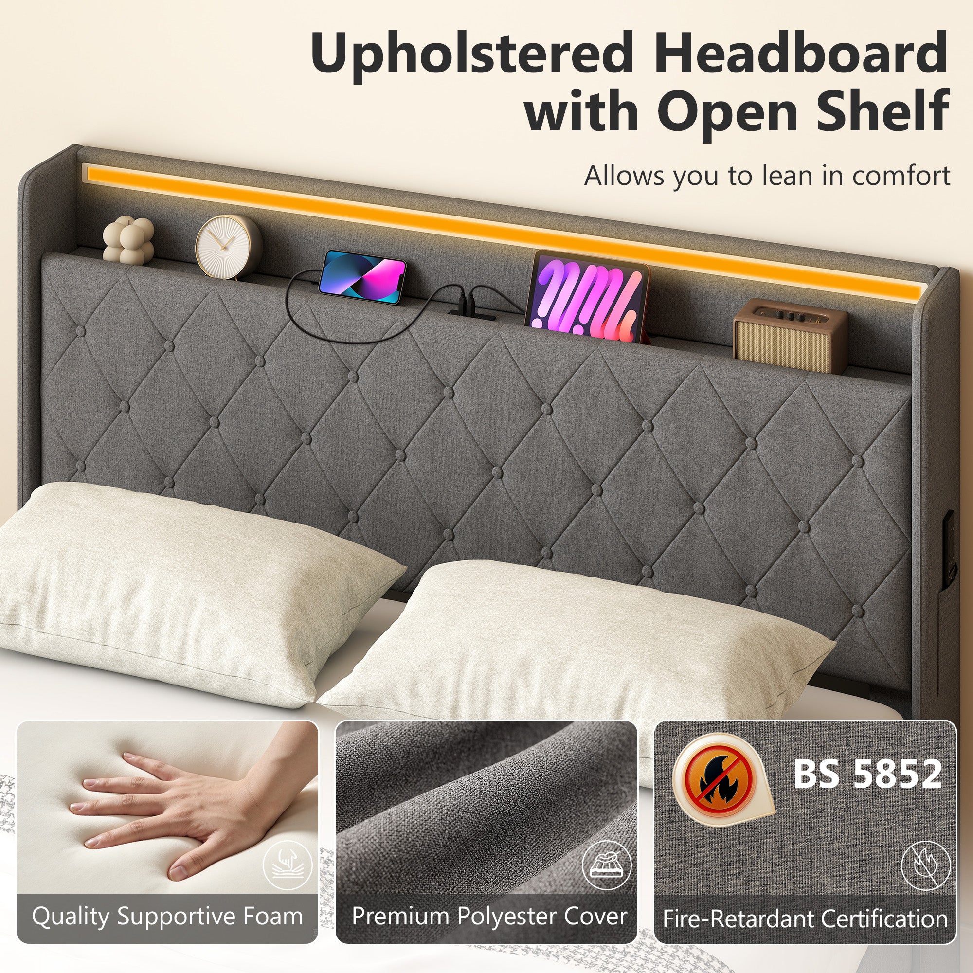 5ft King Ottoman Bed Frame with Hydraulic Storage, APP Control LED Lights and Charging Station, Upholstered Lift Up Storage Bed Frame with Headboard, No Box Spring Needed, Dark Grey