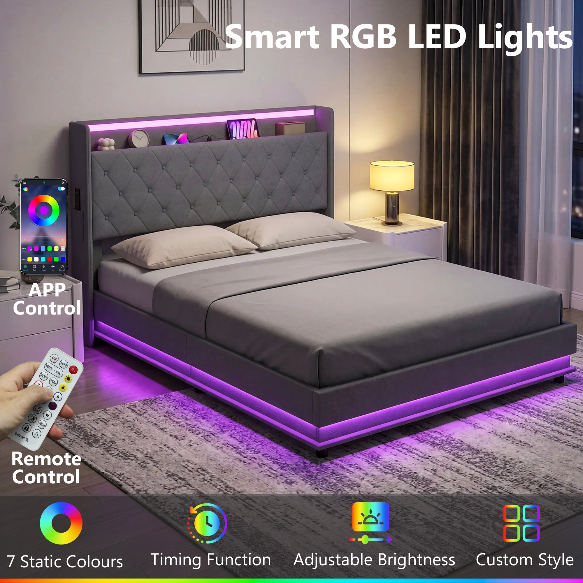 5ft King Ottoman Bed Frame with Hydraulic Storage, APP Control LED Lights and Charging Station, Upholstered Lift Up Storage Bed Frame with Headboard, No Box Spring Needed, Dark Grey