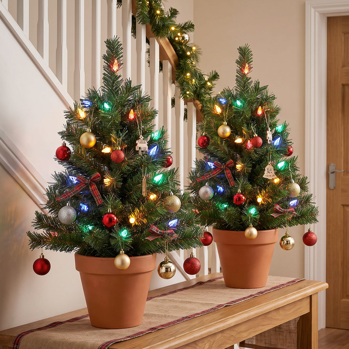 60 cm Pre-Lit Christmas Tree, 2-Pack Artificial Christmas Stake Trees with 60 Colourful LED Lights, 130 Tips, Ground Stakes, Green