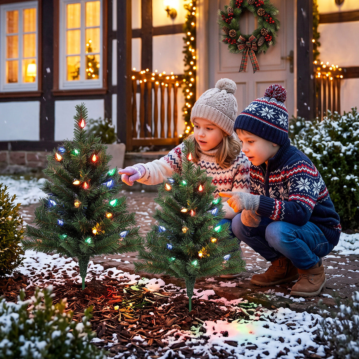 60 cm Pre-Lit Christmas Tree, 2-Pack Artificial Christmas Stake Trees with 60 Colourful LED Lights, 130 Tips, Ground Stakes, Green