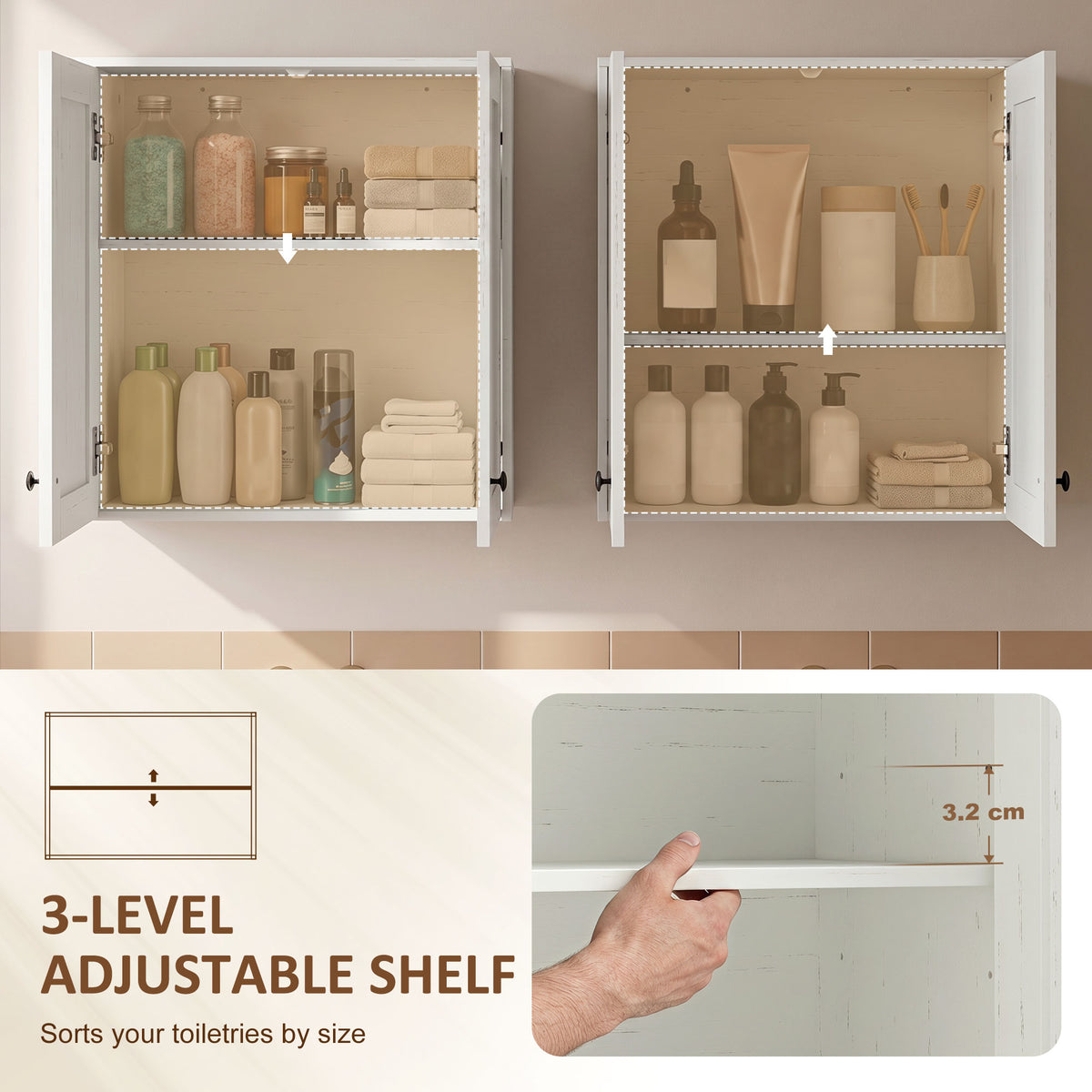 Bathroom Wall Cabinet, Modern Medicine Cabinet Wall Mounted, Over The Toilet Space Saver with Double Doors and Adjustable Storage for Toilet, Washroom, White