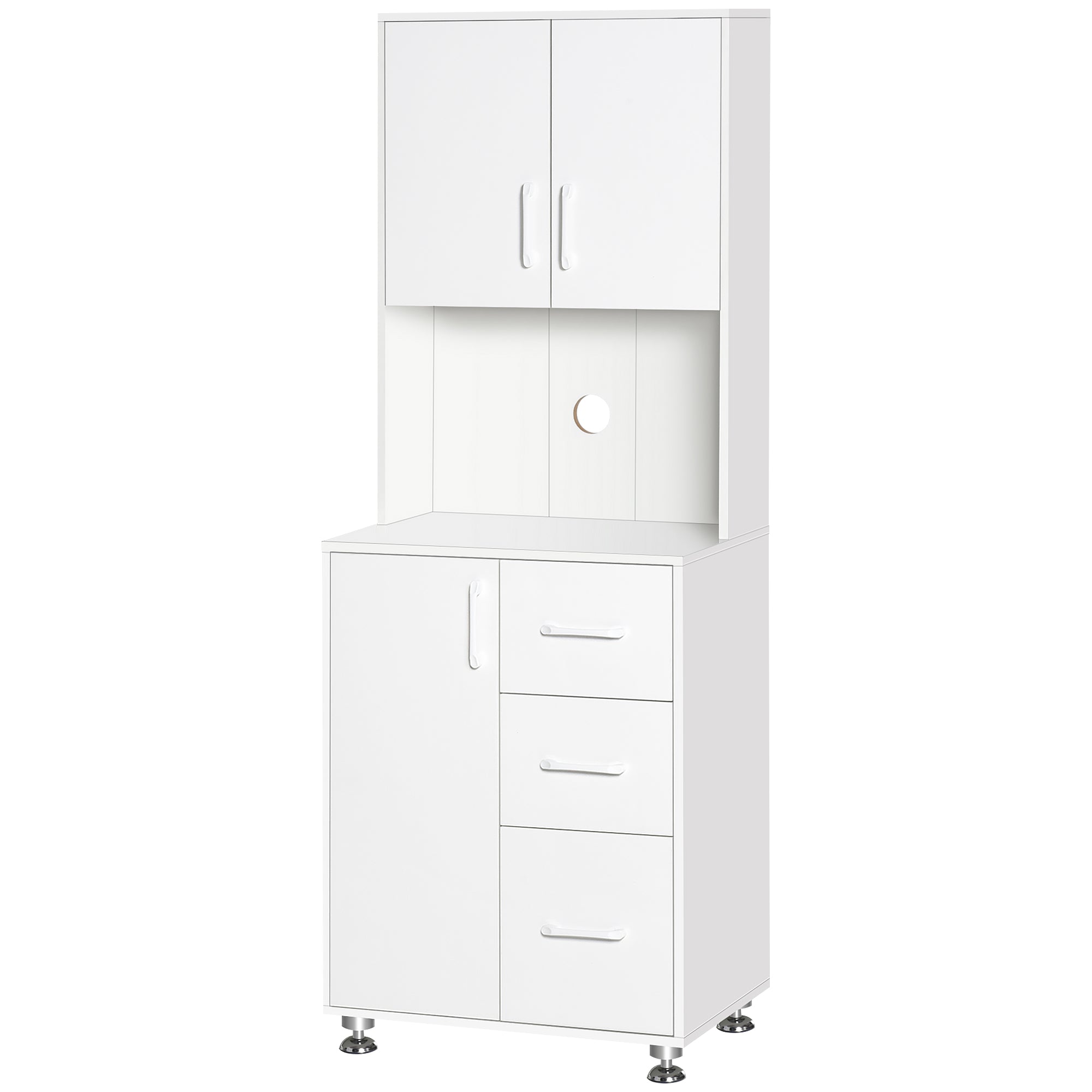 Modern Kitchen Cupboard with Storage Cabinets, 3 Drawers and Open Countertop for Living Room, White