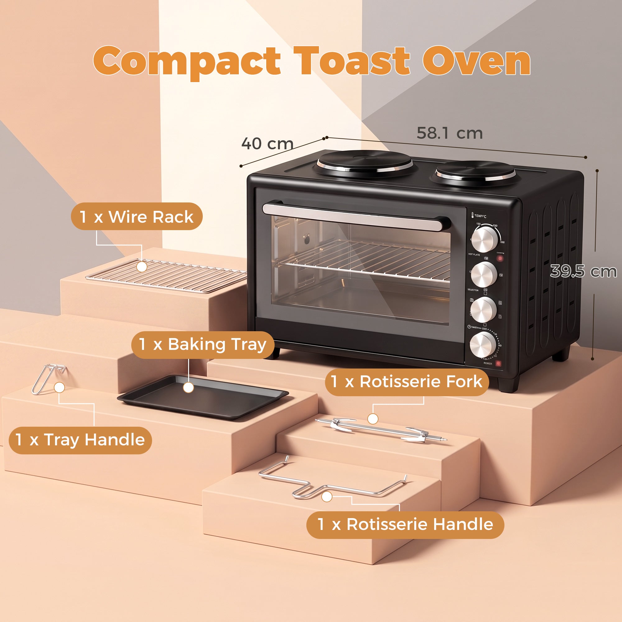 46L Mini Oven with Dual Hot Plates, Electric Countertop Cooker with Convection, 90–230°C Adjustable Temperature, 60 Minute Timer, Portable Oven with Wire Rack & Baking Tray, 1800W, Black