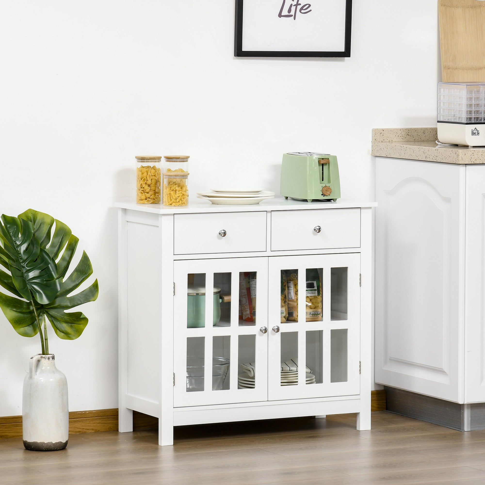 HOMCOM Sideboard Buffet Cabinet, Accent Kitchen Cabinet with Glass Doors, Shelf and 2 Drawers, White