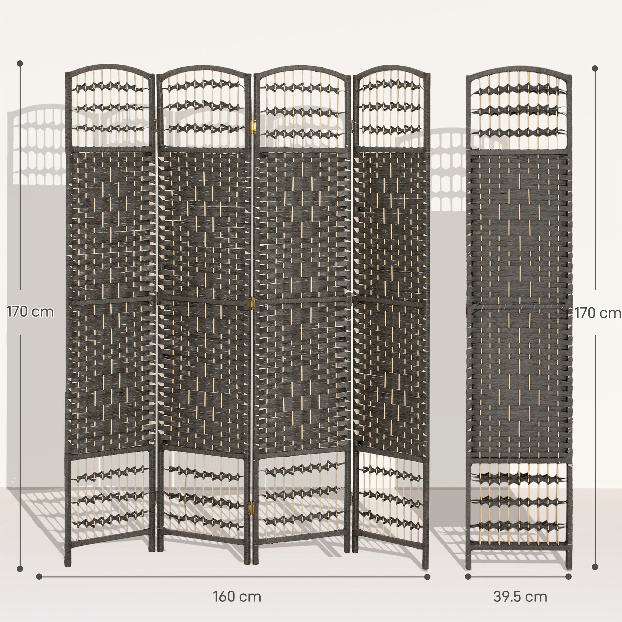 4 Panel Folding Room Divider, Privacy Screen, Freestanding Paravent Partition Separator for Living Room and Office, 160 x 170cm,  Dark Grey