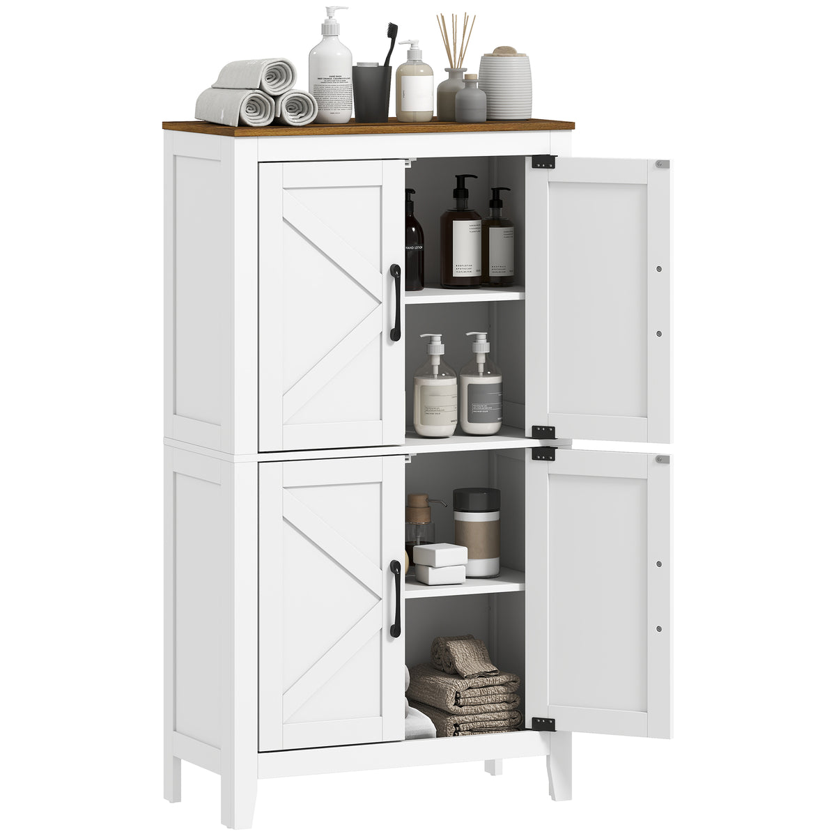 Bathroom Floor Cabinet, Farmhouse Freestanding Bathroom Storage Cabinet with Barn Doors and Adjustable Shelves, White