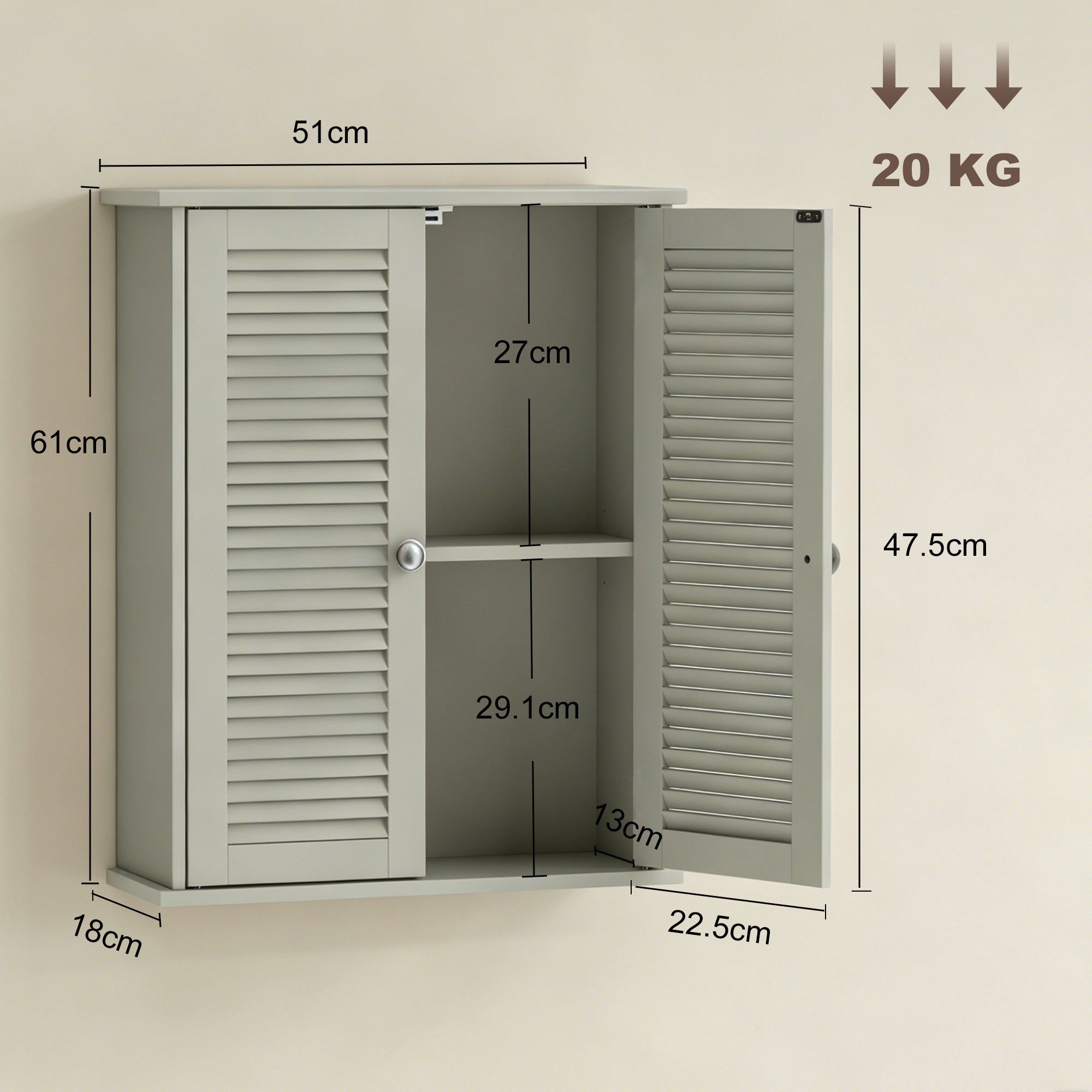 Bathroom Wall Cabinet, Wall-Mounted Over-The-Toilet Space Saver with Louvered Doors and Adjustable Shelf Storage for Kitchen, Living Room, Light Green