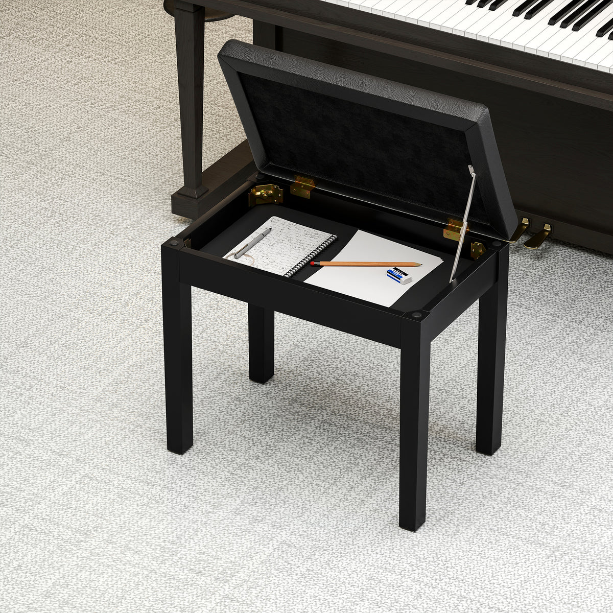 Piano Bench with Storage and Padded Cushion, Faux Leather Keyboard Bench with Solid Wood Legs, Black