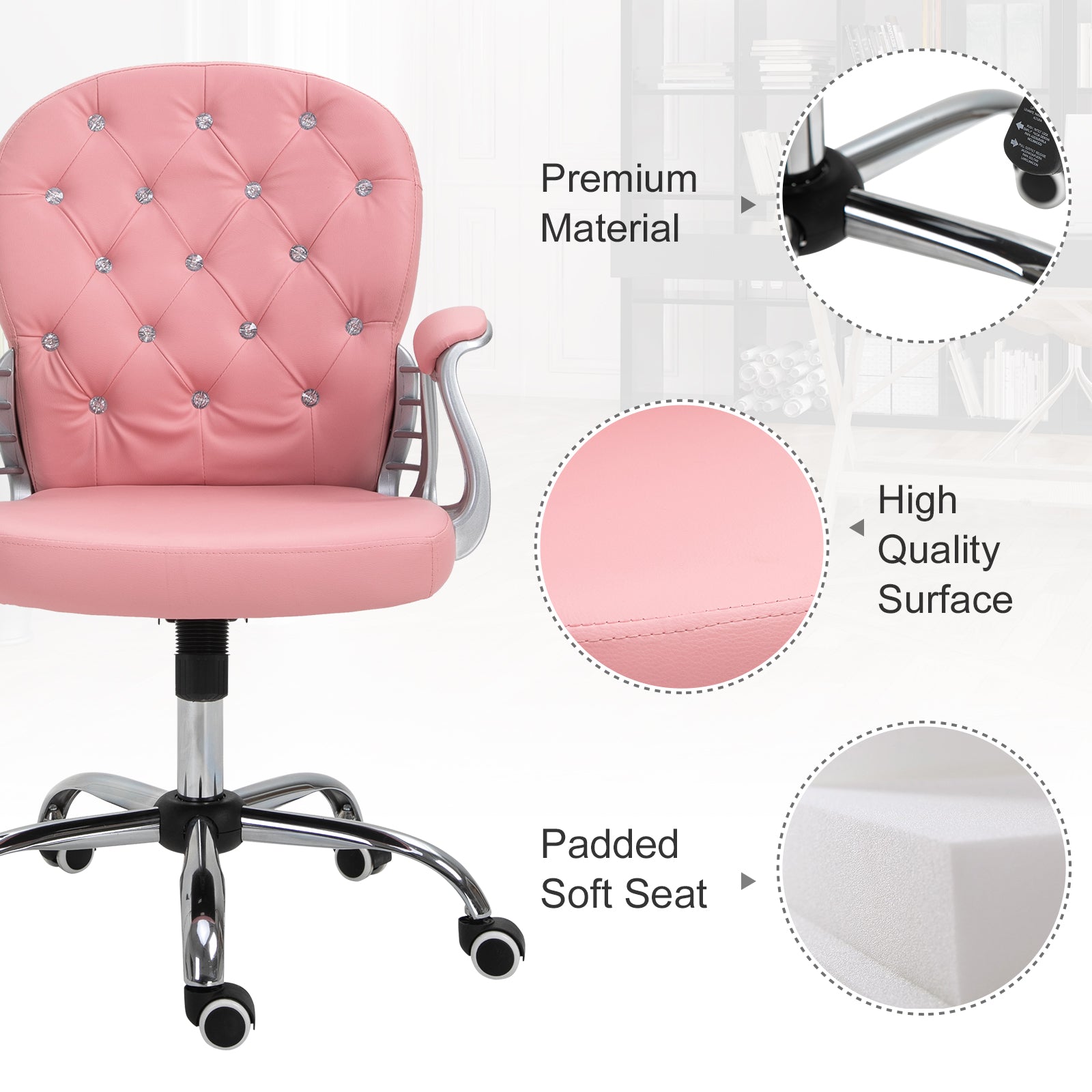 Vinsetto Faux Leather Vanity Office Chair, Button Tufted Swivel Chair with Adjustable Height, Padded Armrests and Tilt Function, Pink