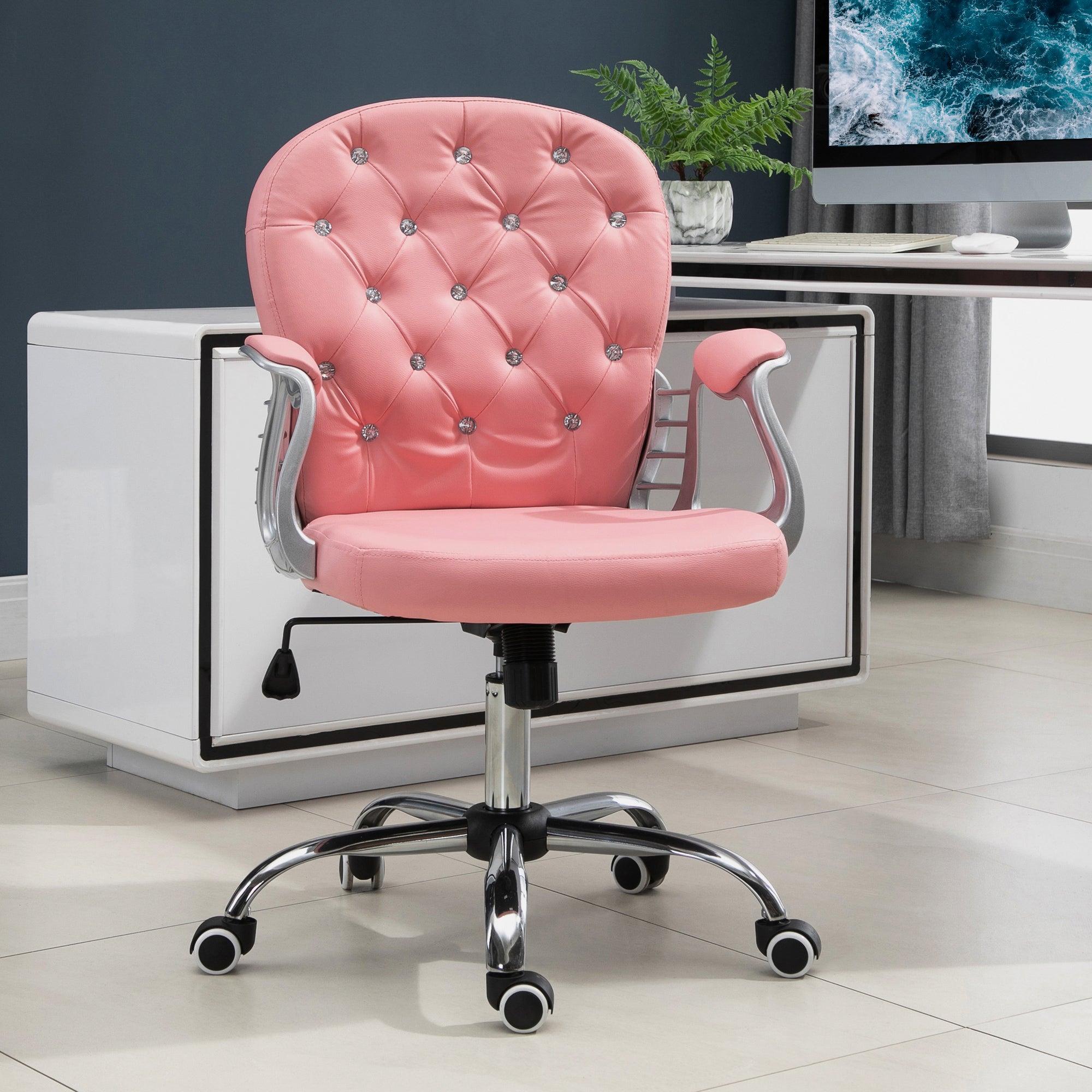 Vinsetto Faux Leather Vanity Office Chair, Button Tufted Swivel Chair with Adjustable Height, Padded Armrests and Tilt Function, Pink