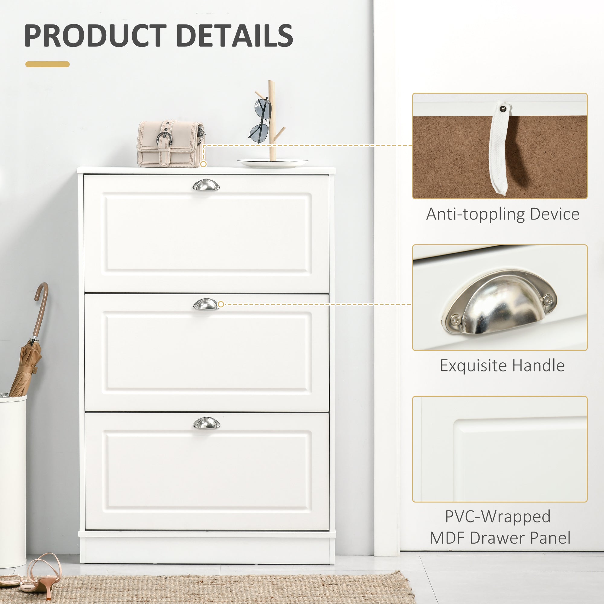 Shoe Cabinet with 3 Flip Drawers, Modern Narrow Shoe Storage Cabinet with Countertop, Entryway Shoe Storage Unit for 12 Pairs of Shoes for Hallway, White