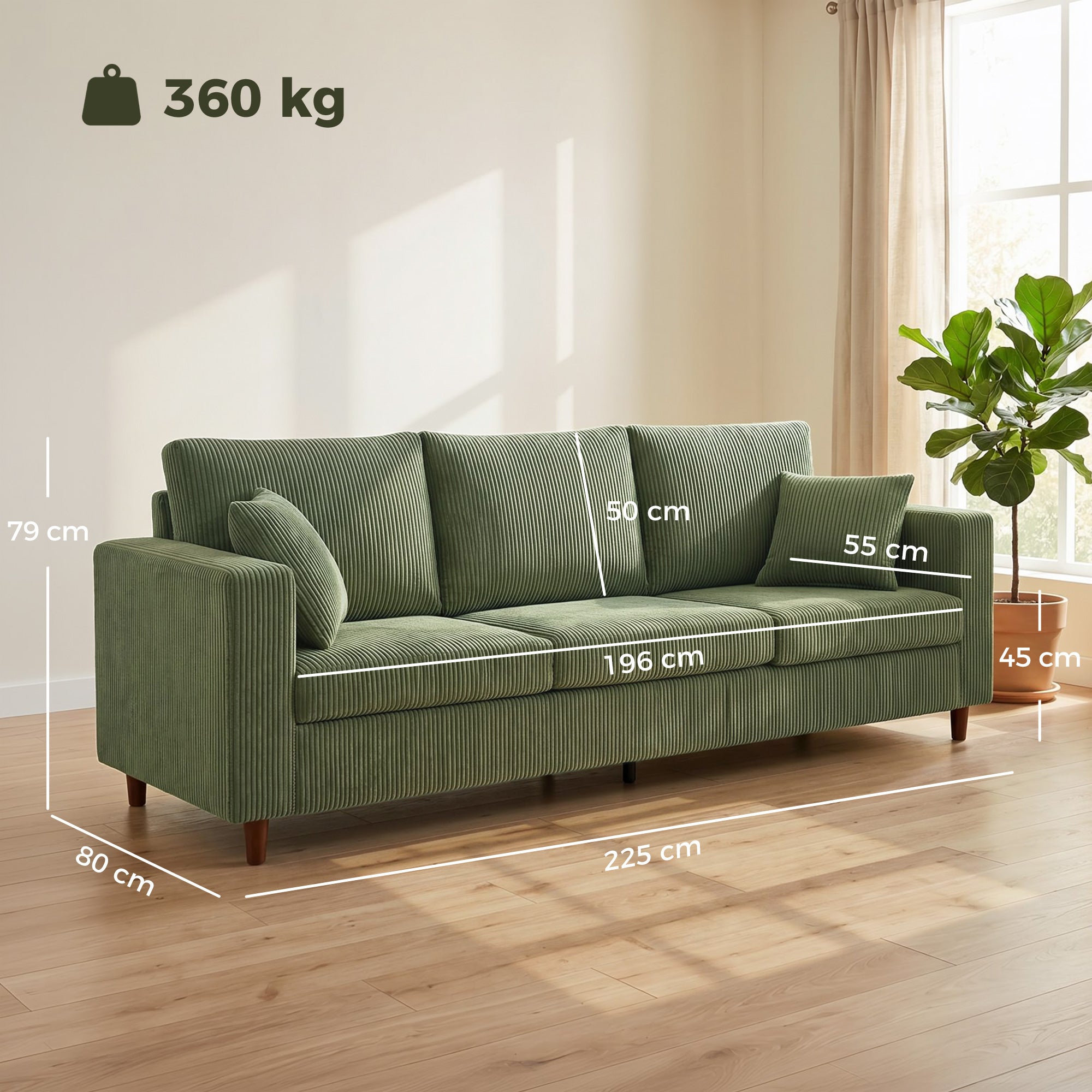 3 Seater Sofa, 225 cm Comfy Corduroy Couch with Wide Deep Seat, Wide Armrests, Spring Cushion, Thick Padded, Solid Wood Legs, Fabric Sofa for Living Room, Green