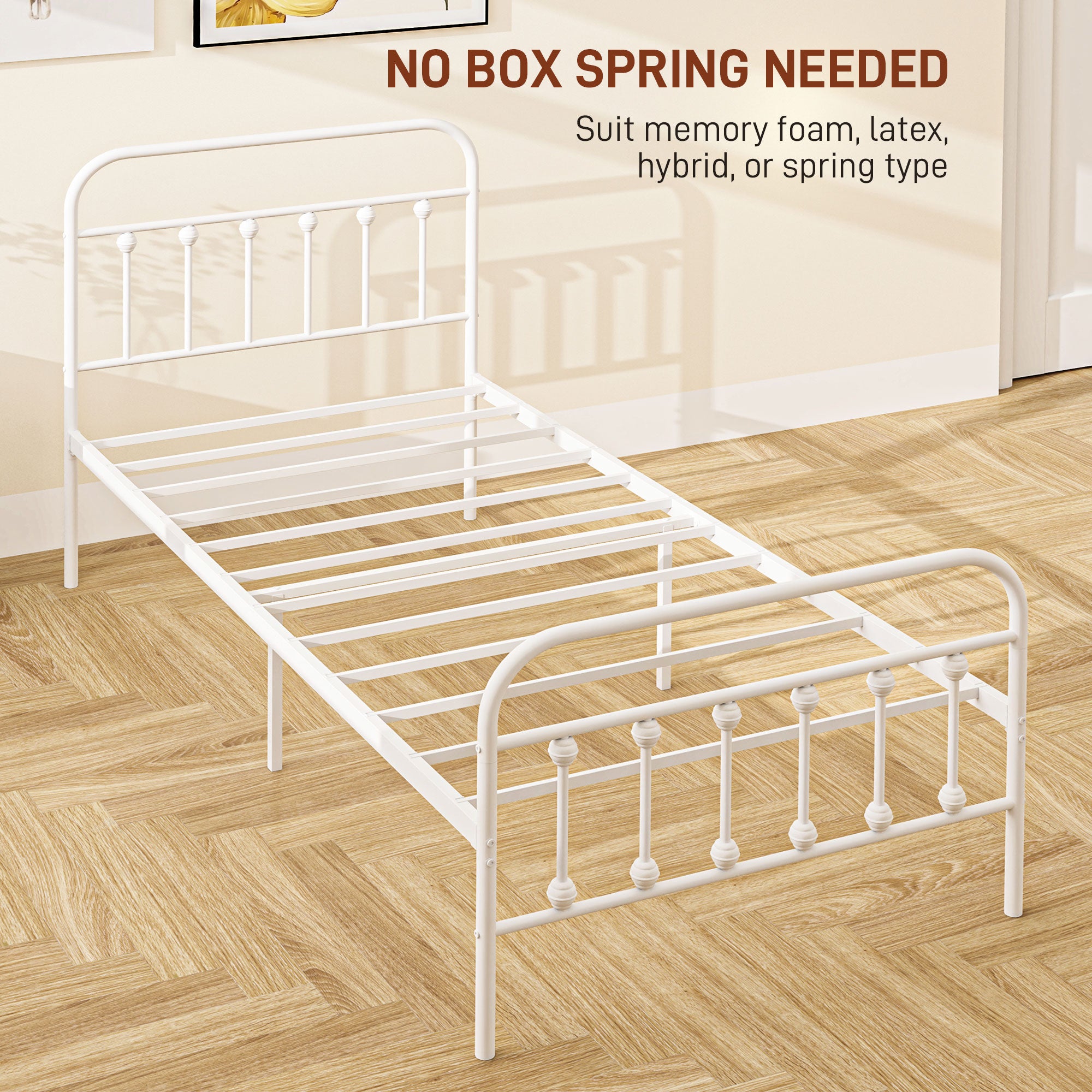 HOMCOM 3ft Single Bed Frame with Underbed Storage, Metal Platform Bed frame with Tall Headboard, Footboard and Steel Slat Support, No Box Spring Needed, Easy Assembly, White