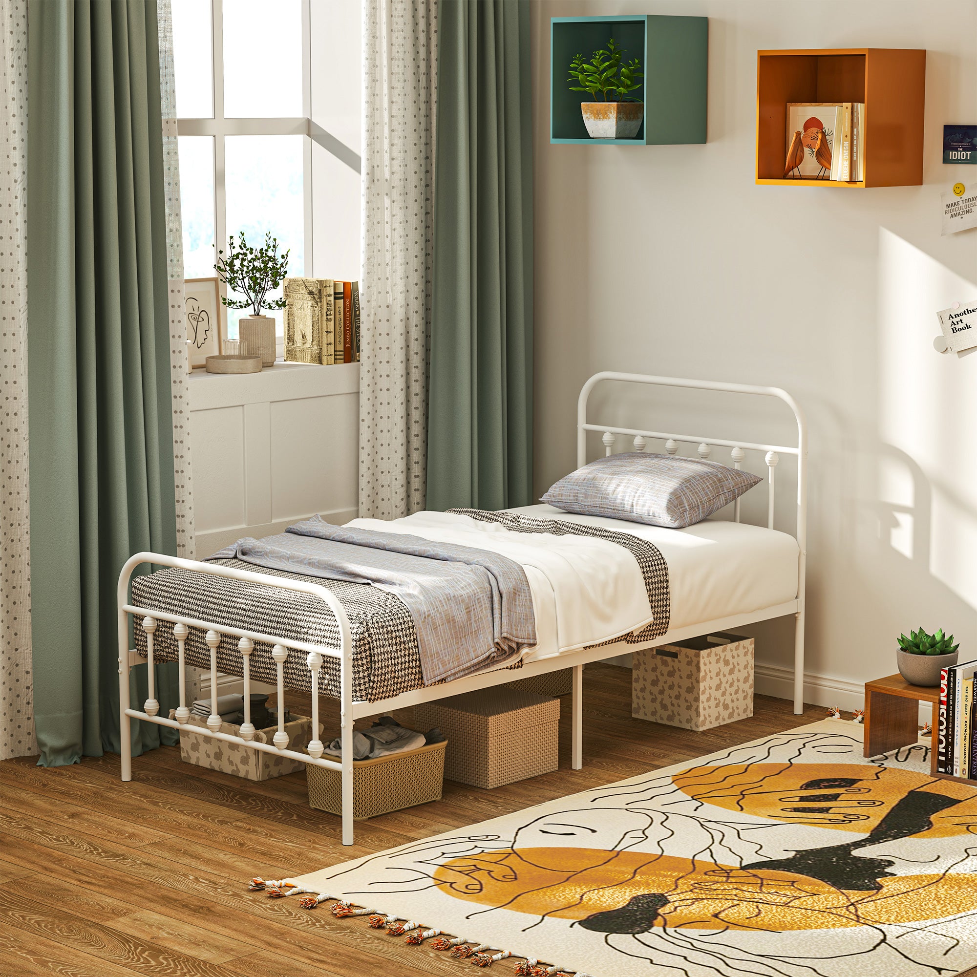 HOMCOM 3ft Single Bed Frame with Underbed Storage, Metal Platform Bed frame with Tall Headboard, Footboard and Steel Slat Support, No Box Spring Needed, Easy Assembly, White
