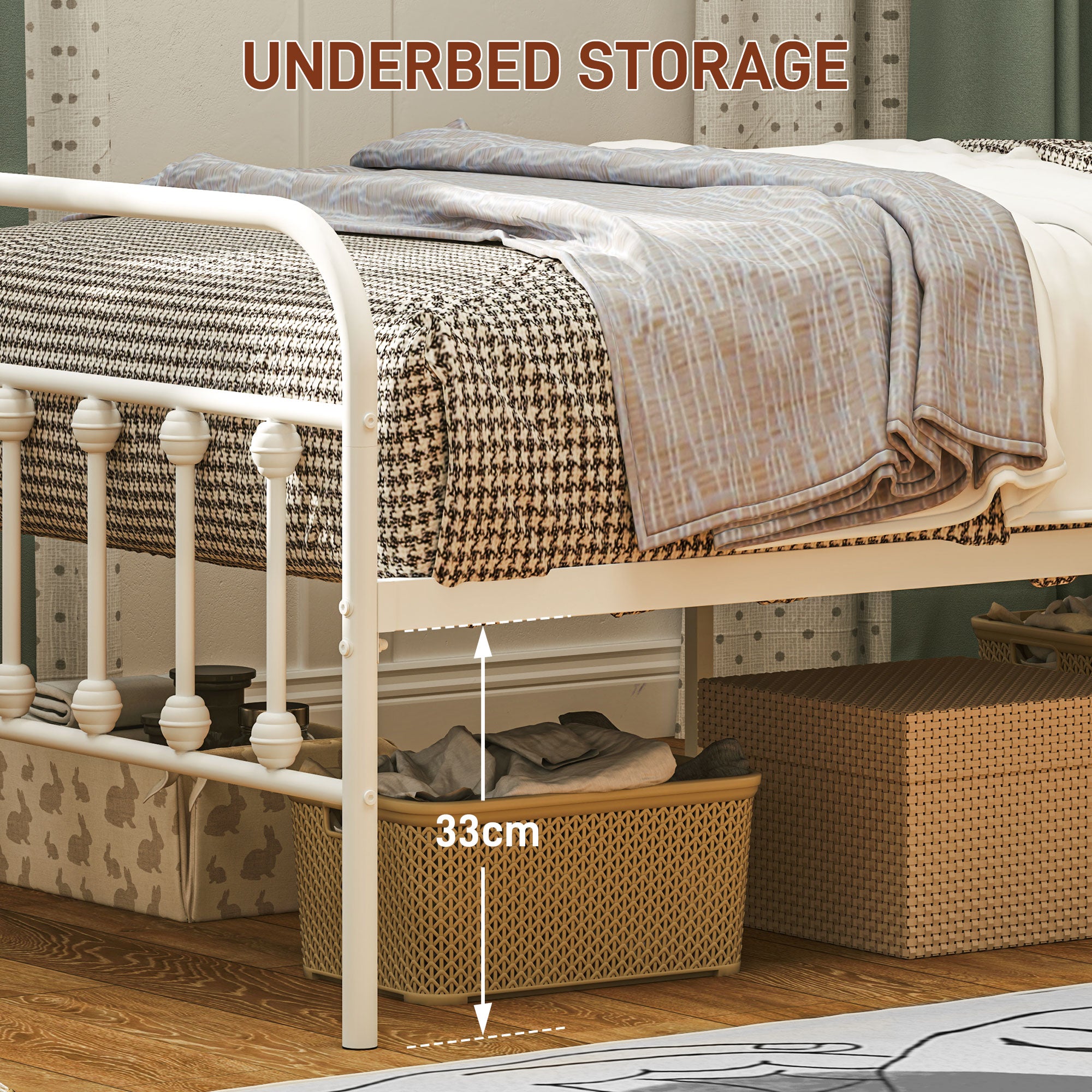 HOMCOM 3ft Single Bed Frame with Underbed Storage, Metal Platform Bed frame with Tall Headboard, Footboard and Steel Slat Support, No Box Spring Needed, Easy Assembly, White
