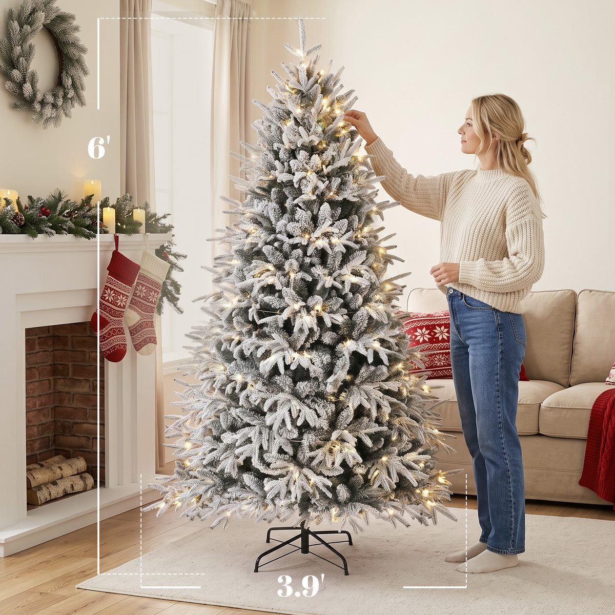 6ft Flocked Prelit Christmas Tree, Hinged Xmas Tree with 2015 Tips, 260 Warm White LED Lights, Foldable Metal Base, Full Snowy Appearance for Indoor Holiday Decor, Green White
