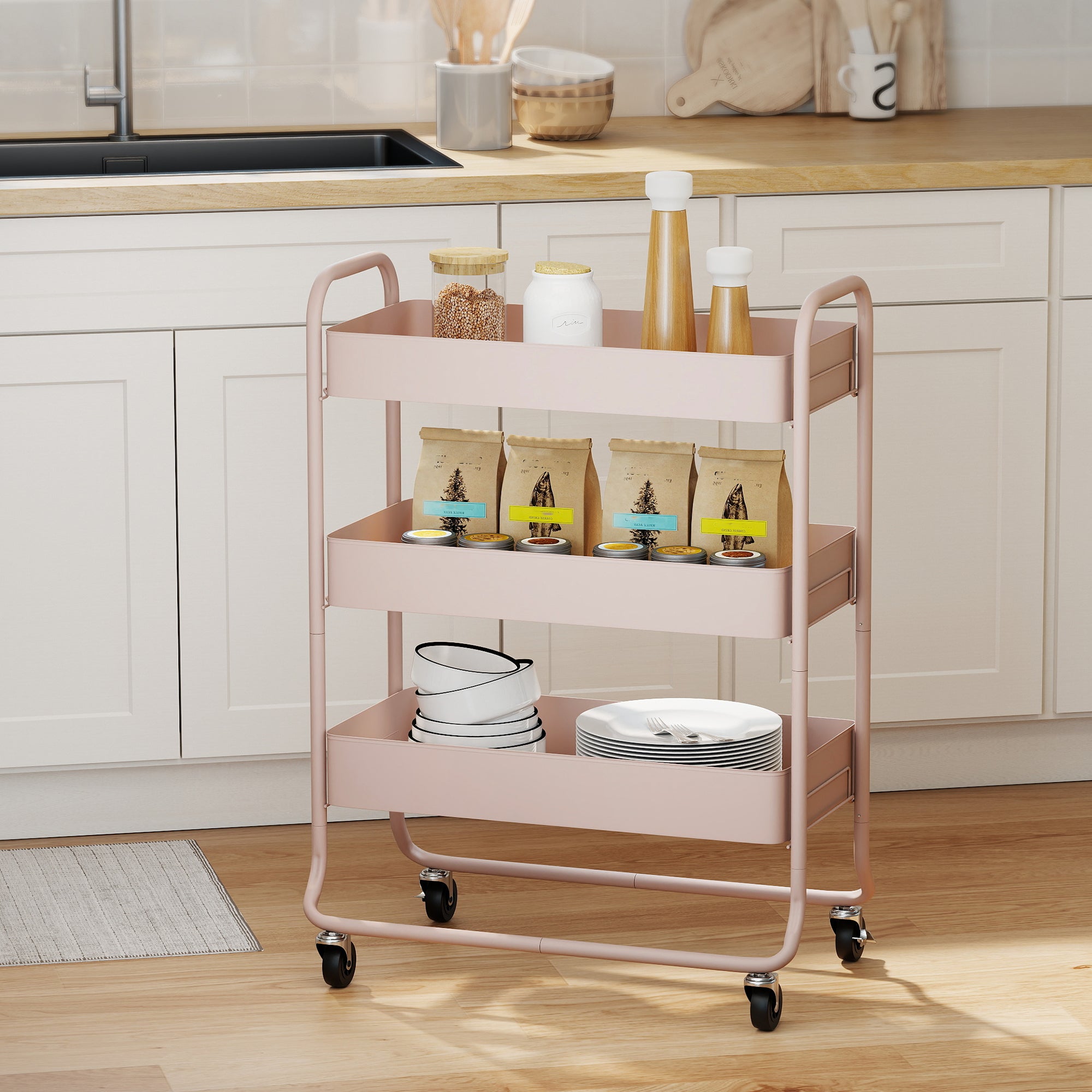 3-Tier Storage Trolley on Wheels, Rolling Utility Cart with Mesh Backets, Mobile Storage Cart for Kitchen, Bathroom, Bedroom, Light Pink
