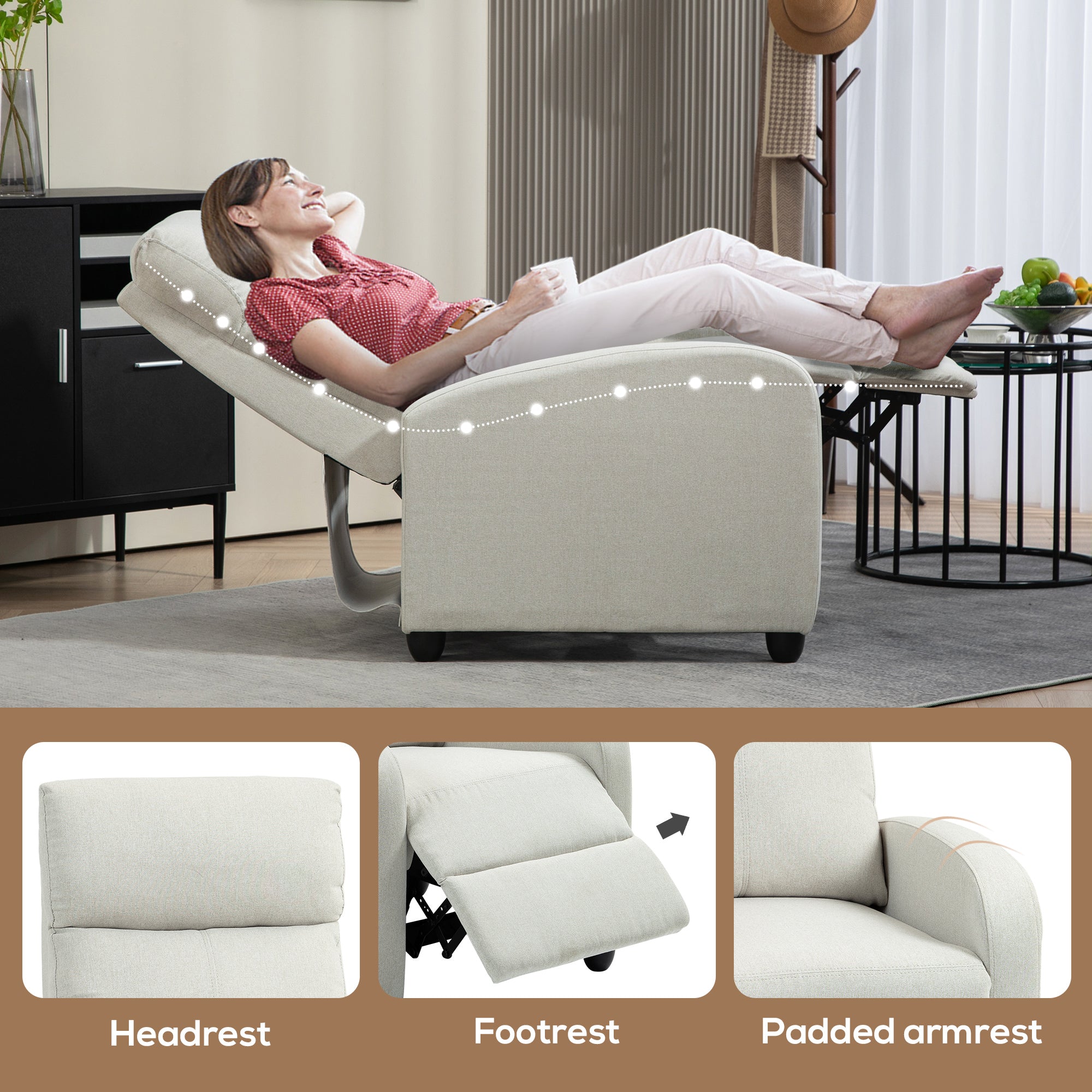 HOMCOM Push Back Recliner Chair, Fabric Home Theater Seating, Single Reclining Sofa Chair with Padded Seat for Living Room, Cream White