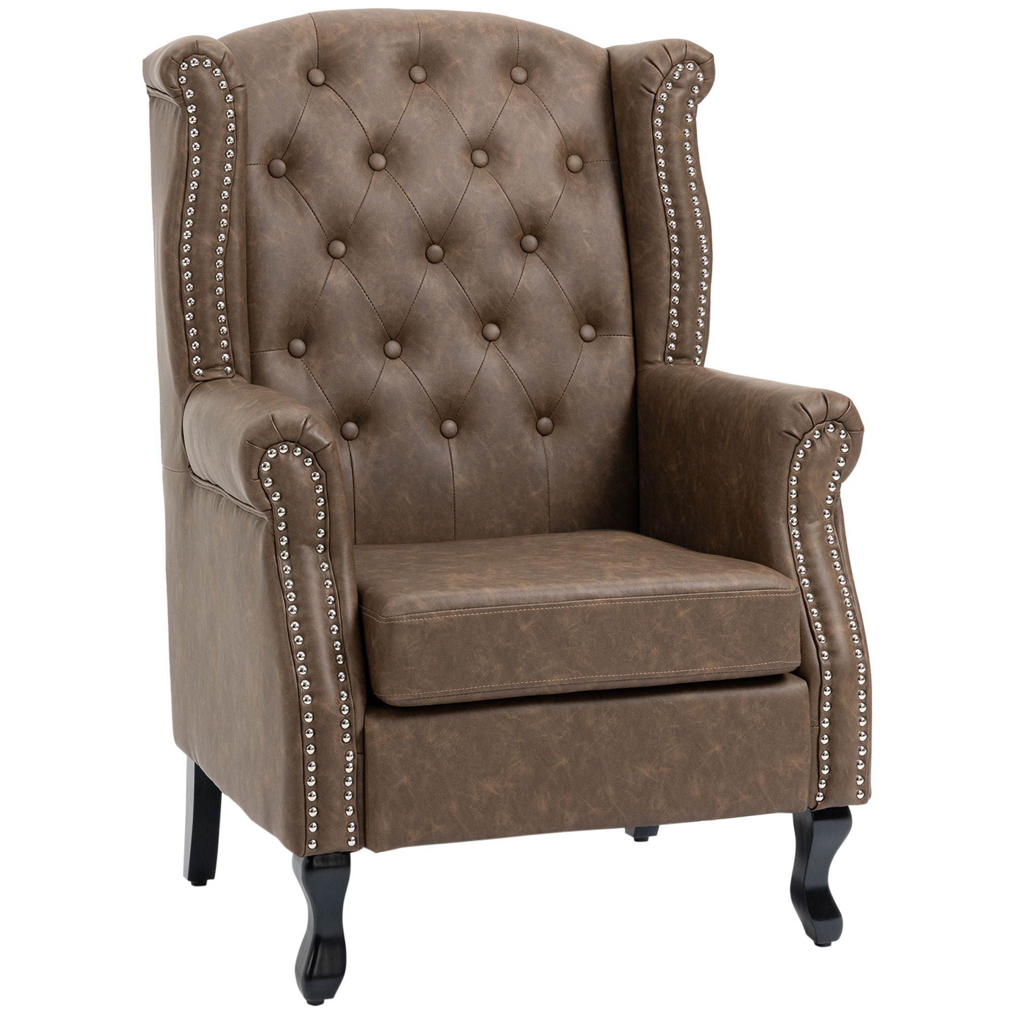 HOMCOM Tufted Accent Chair, Chesterfield-style Armchair, Upholstered Wingback Living Room Chair with Solid Wood Legs and Nail Head Trim, Thick Padding for Bedroom, Brown