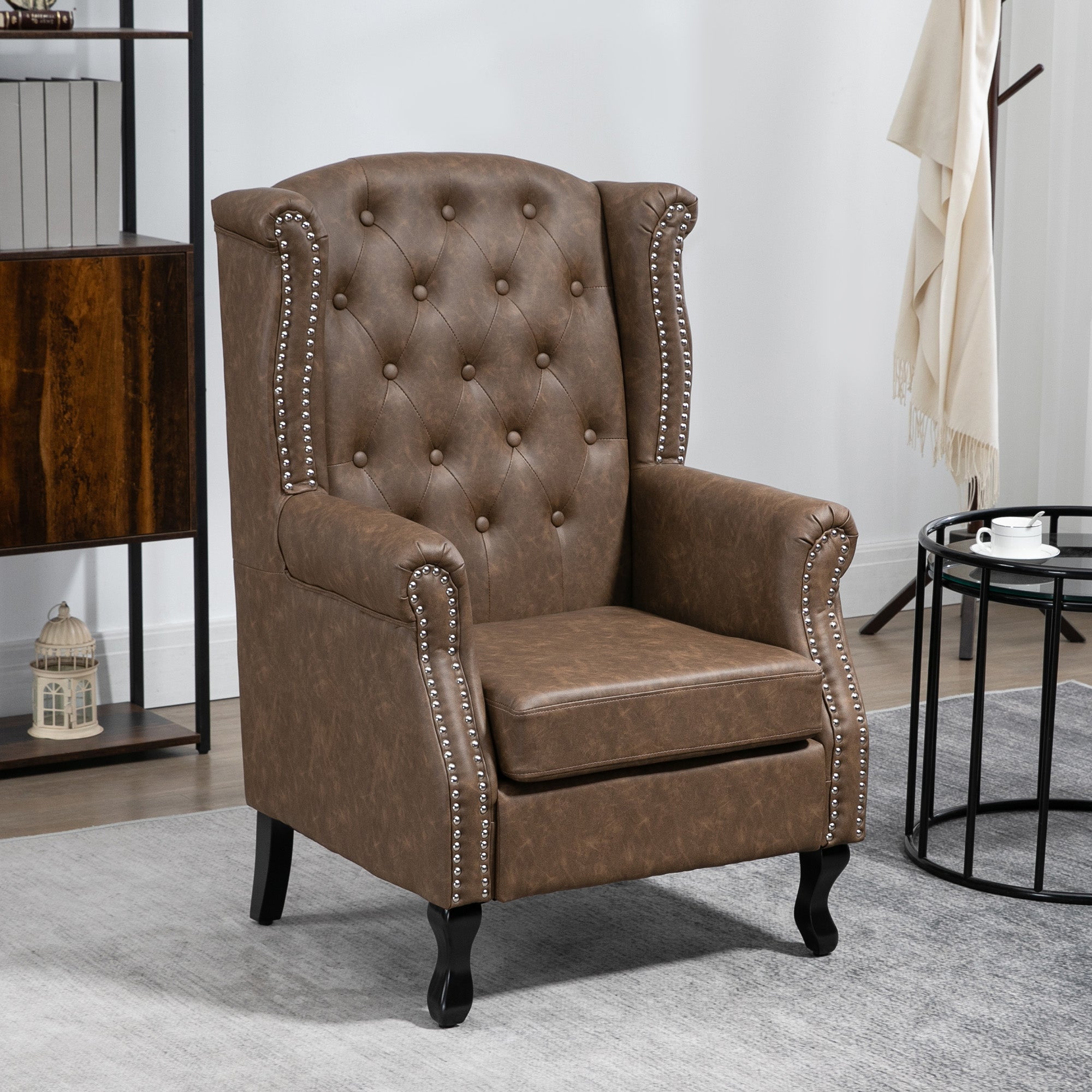 HOMCOM Tufted Accent Chair, Chesterfield-style Armchair, Upholstered Wingback Living Room Chair with Solid Wood Legs and Nail Head Trim, Thick Padding for Bedroom, Brown